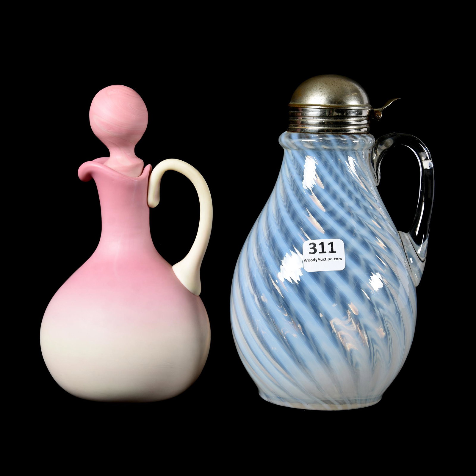 (2) Art Glass Items: (2) Art Glass Items, (1) 7.25" Syrup Pitcher, Clear Opalescent Swirl Art Glass Metal Flip Lid, (1) Gunderson Burmese Cruet, Ron Duncan/Allen Goodwin
