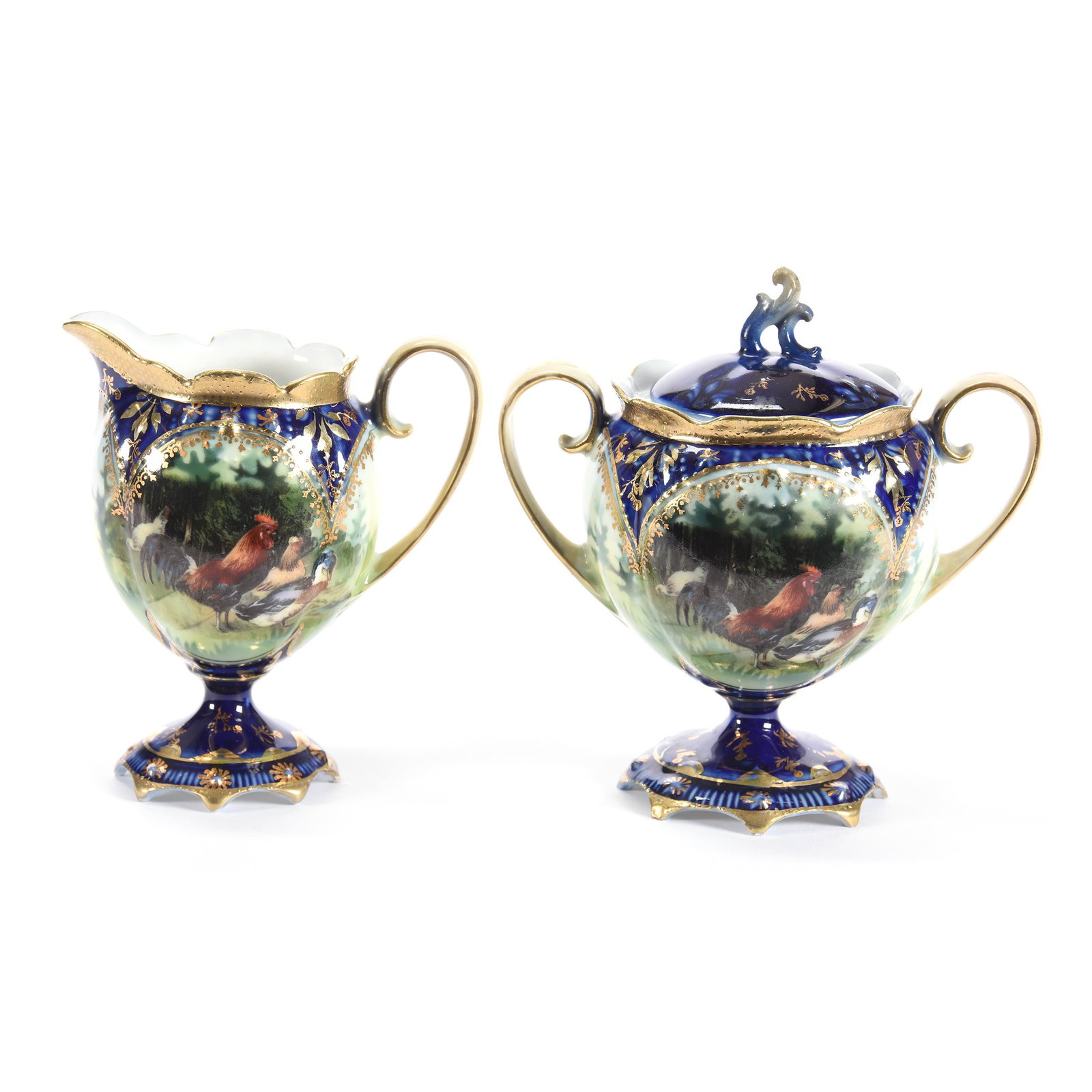 Creamer & Sugar Marked Wheelock Prussia: Creamer & Sugar Marked Wheelock Prussia, Pedestal, Cobalt Blue with Barnyard Scenic Decor, Extra Nice, The Clarence Meyer Estate, KS