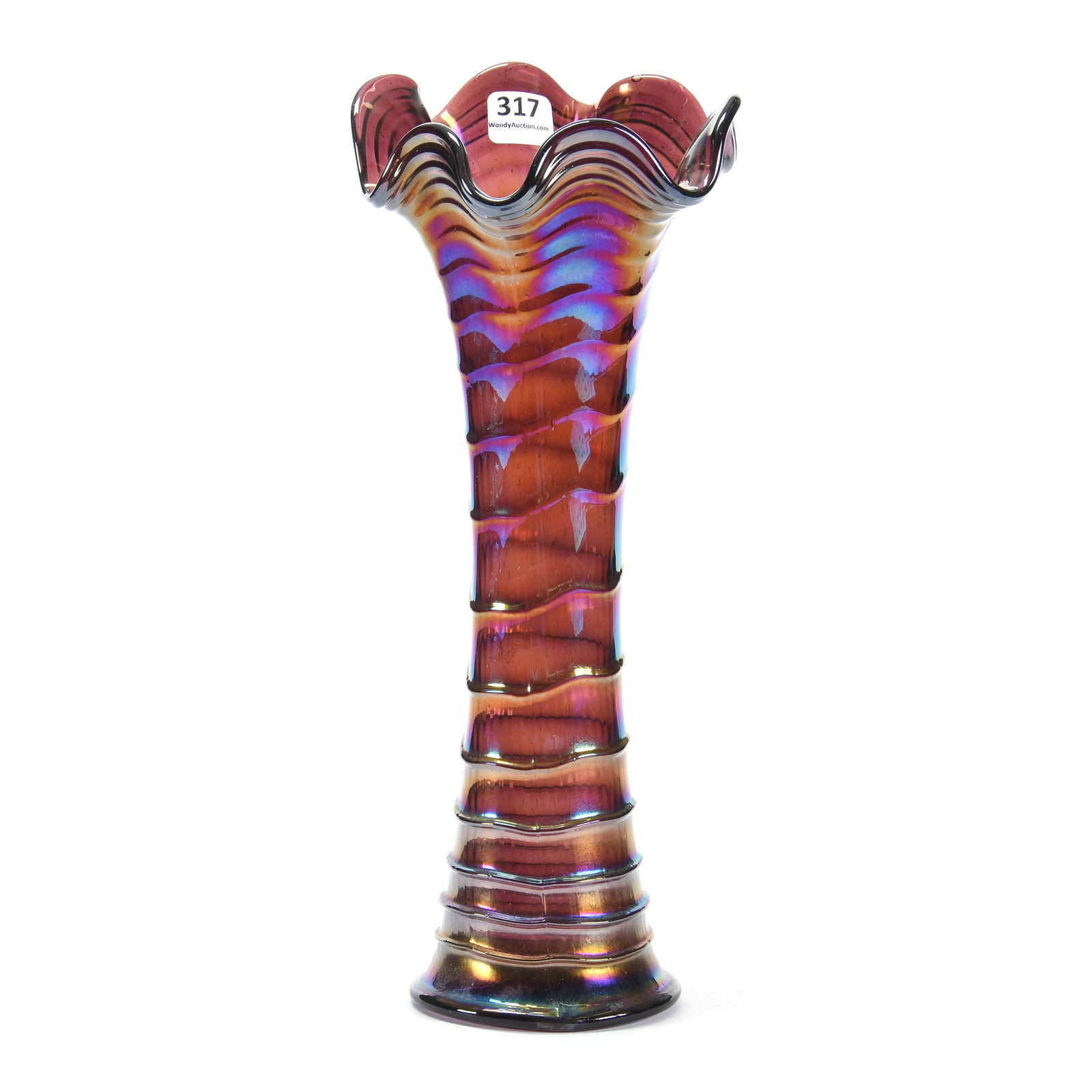 Vase, Carnival Glass, Ripple Pattern By Imperial: Vase, Carnival Glass, Ripple Pattern by Imperial, 11.75", Purple, Nice Iridescence, Ron Duncan/Allen Goodwin