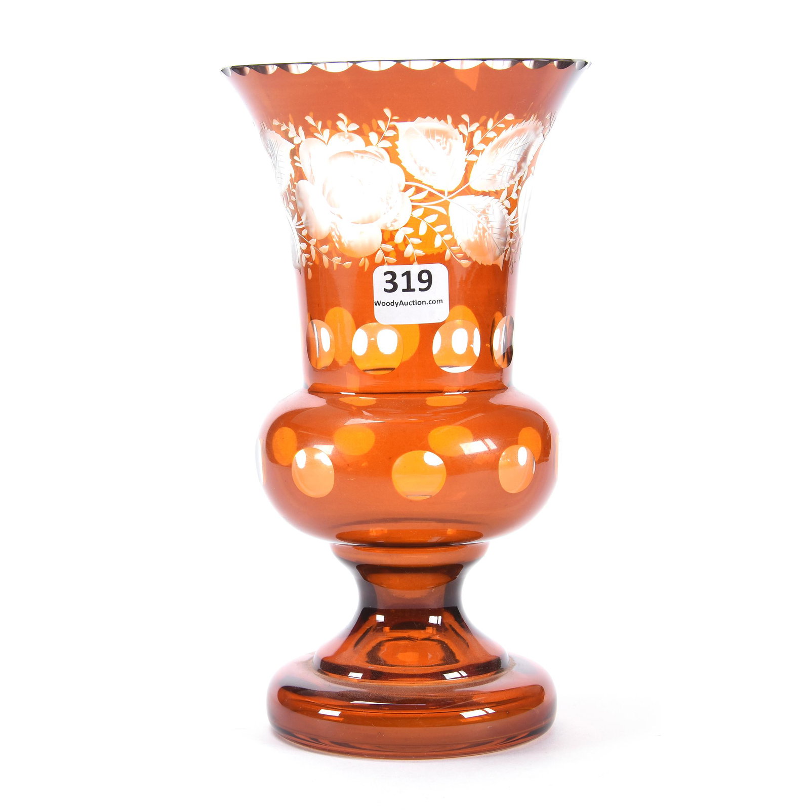 Vase, Amber Flashed Bohemian W/Engraved Floral Decor: Vase, Amber Flashed Bohemian with Engraved Floral Decor, 8", Ron Duncan/Allen Goodwin