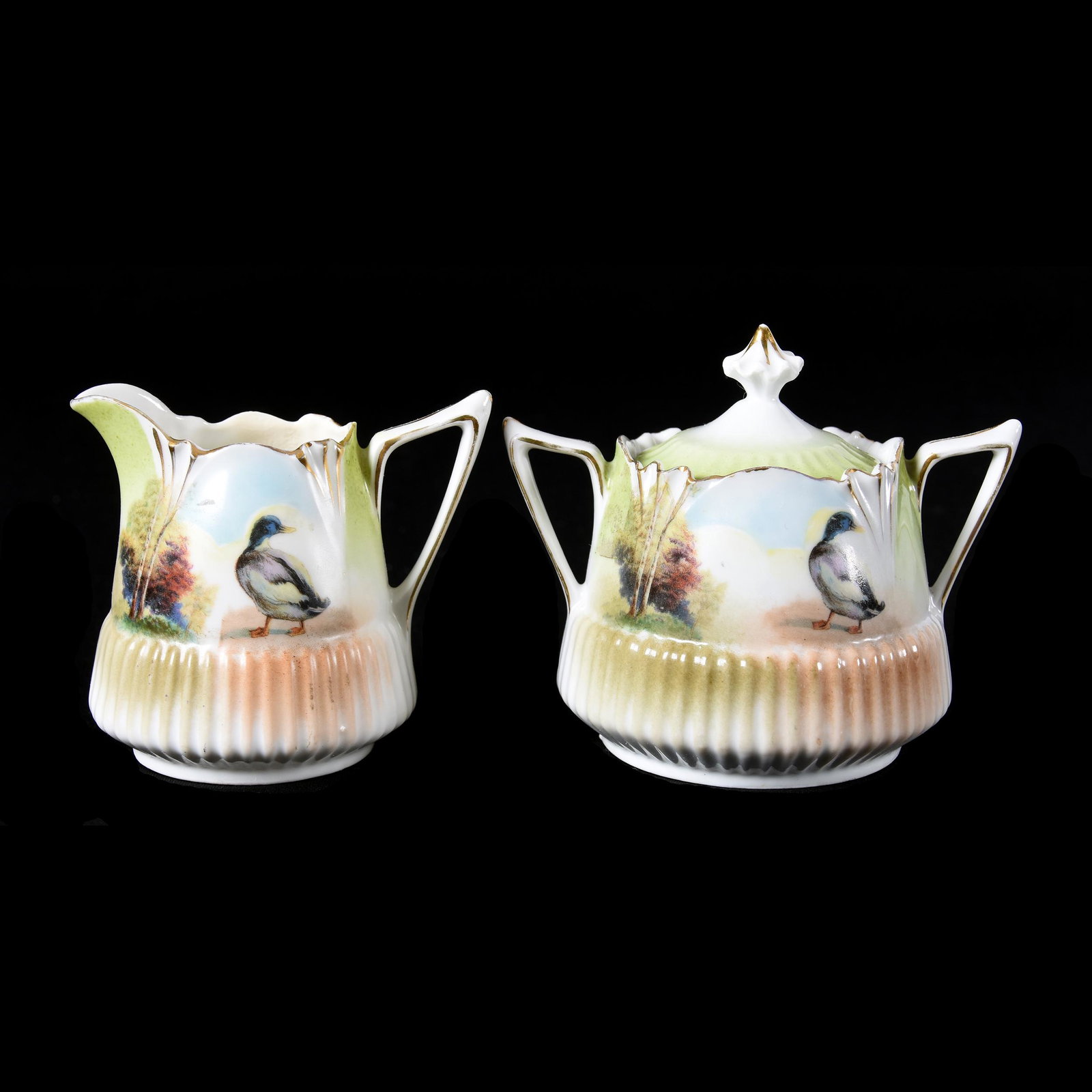 Creamer & Sugar Marked RSP, Pleated Mold, Duck Runner: Creamer & Sugar Marked RSP, Pleated Mold, Duck Runner, Duck Runner Scenic Decor, Green, Blue and Brown Tones, Creamer has Nearly Invisible Hairline Near Handle, The Clarence Meyer Estate, KS