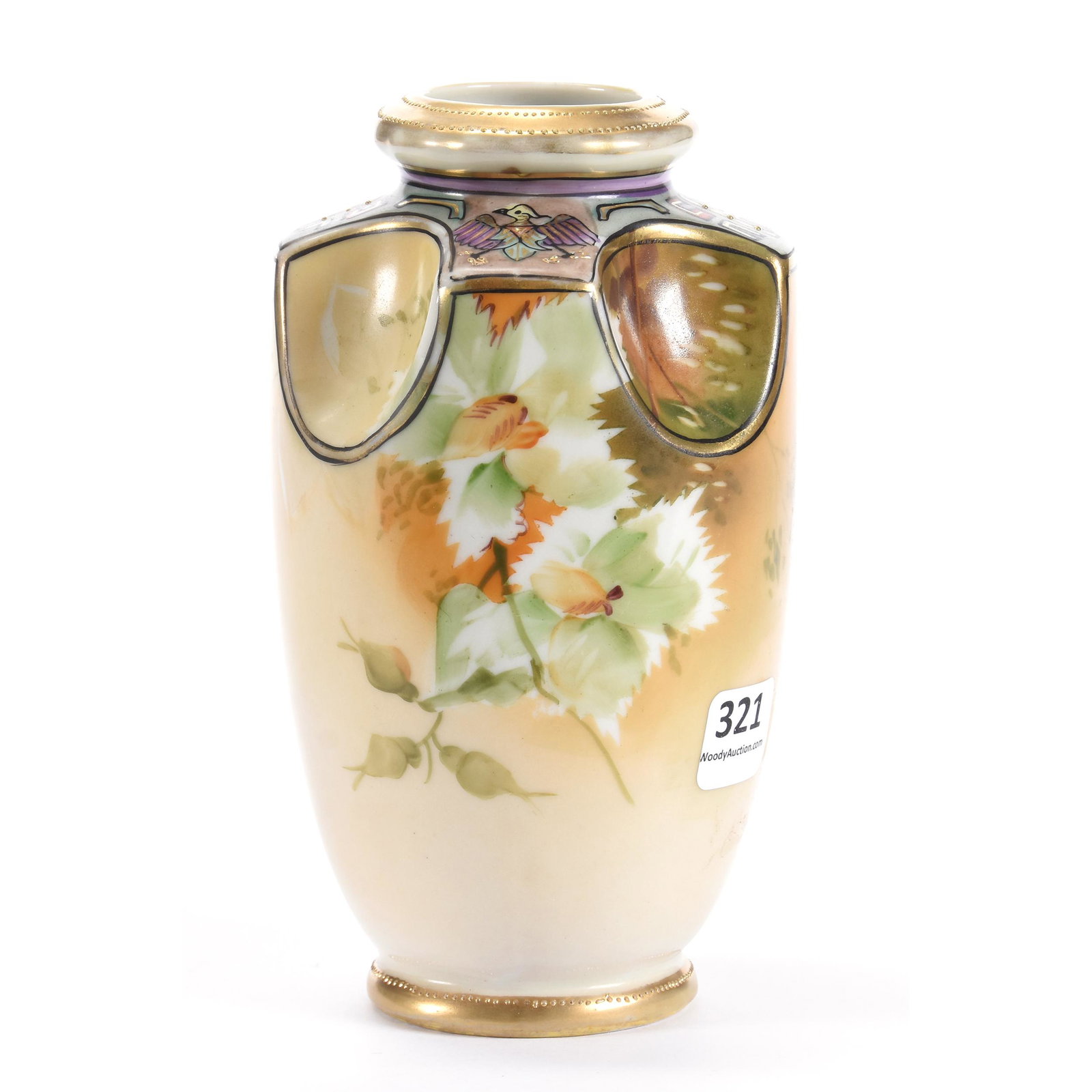 Vase Marked Nippon: Vase Marked Nippon, 6", Brown Tones with Floral Decor, Border with Eagle and Markings, Gold Stencil Highlights, Ron Duncan/Allen Goodwin