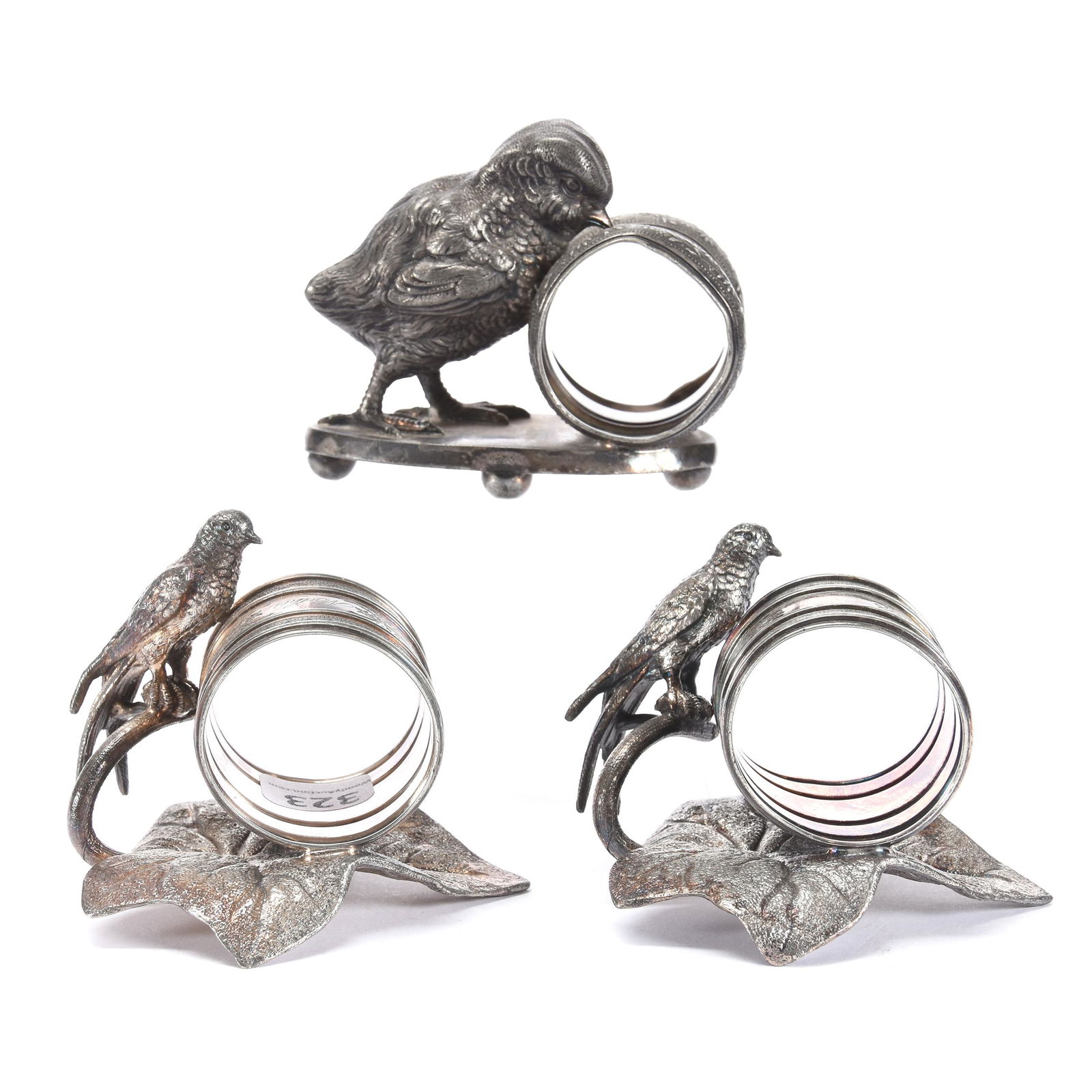 (3) Victorian Silverplate Figural Napkin Rings: (3) Victorian Silverplate Figural Napkin Rings, (2) Marked Rogers Smith #202, Bird and Leaf Design, (1) Rogers Smith #222, Chick, Bent on Various Edges, Ron Duncan/Allen Goodwin