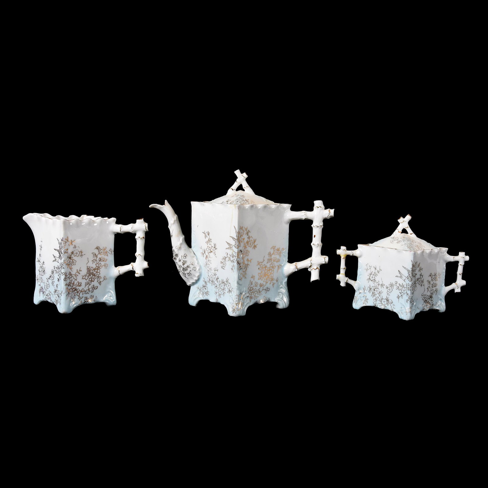Tea Set, Three Piece, Unmarked Prussia: Tea Set, Three Piece, Unmarked Prussia, Square Form, Blue and White with Gold Stencil Highlights, Teapot has Two Hairlines, One Sugar Handle has Been Repair, Dean and Marilyn Zellers, KS