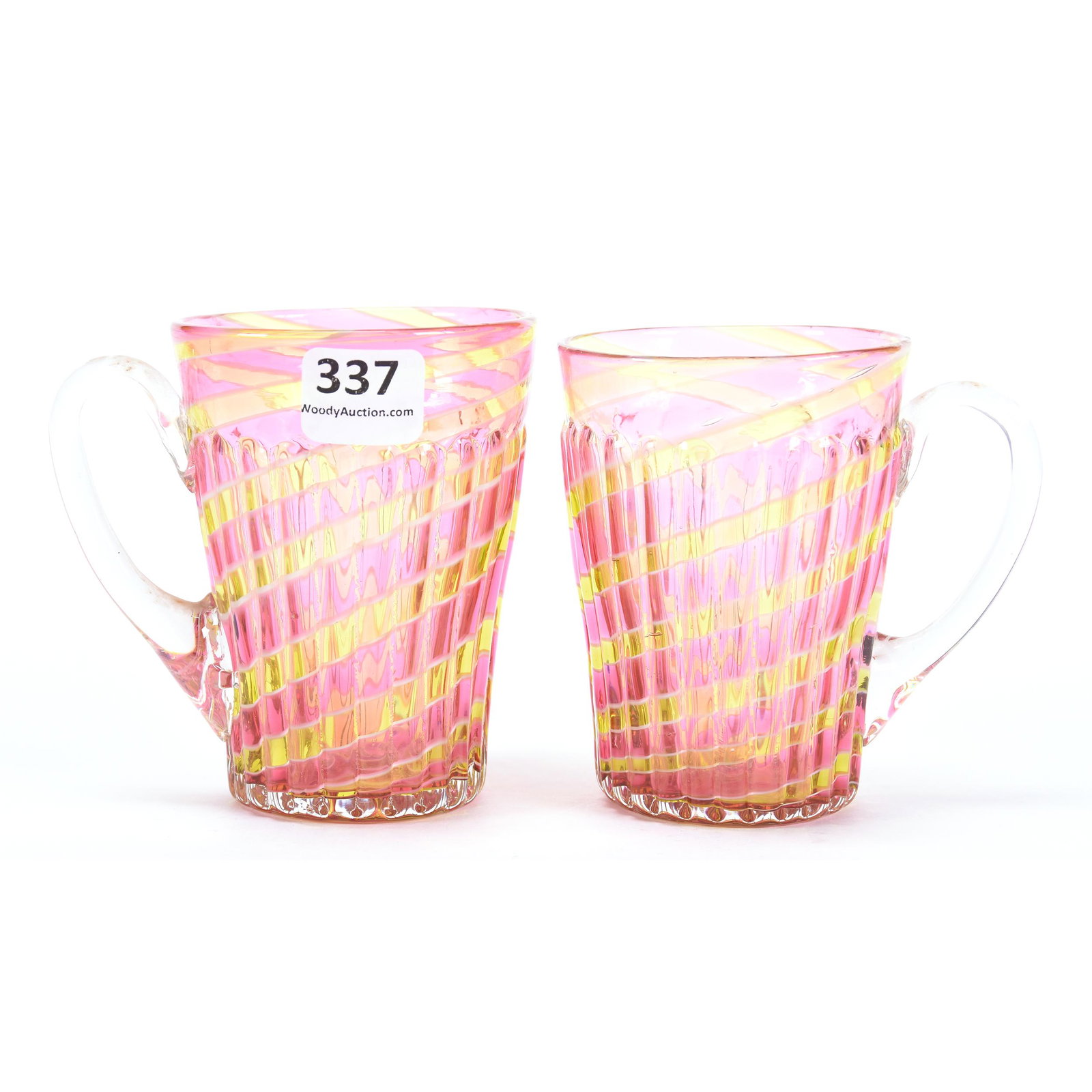 (2) Lemonade Cups, Cased Rainbow Swirl Art Glass: (2) Lemonade Cups, Cased Rainbow Swirl Art Glass, 3.5", Pleated Mold, Polished Pontil Base, Ron Duncan/Allen Goodwin