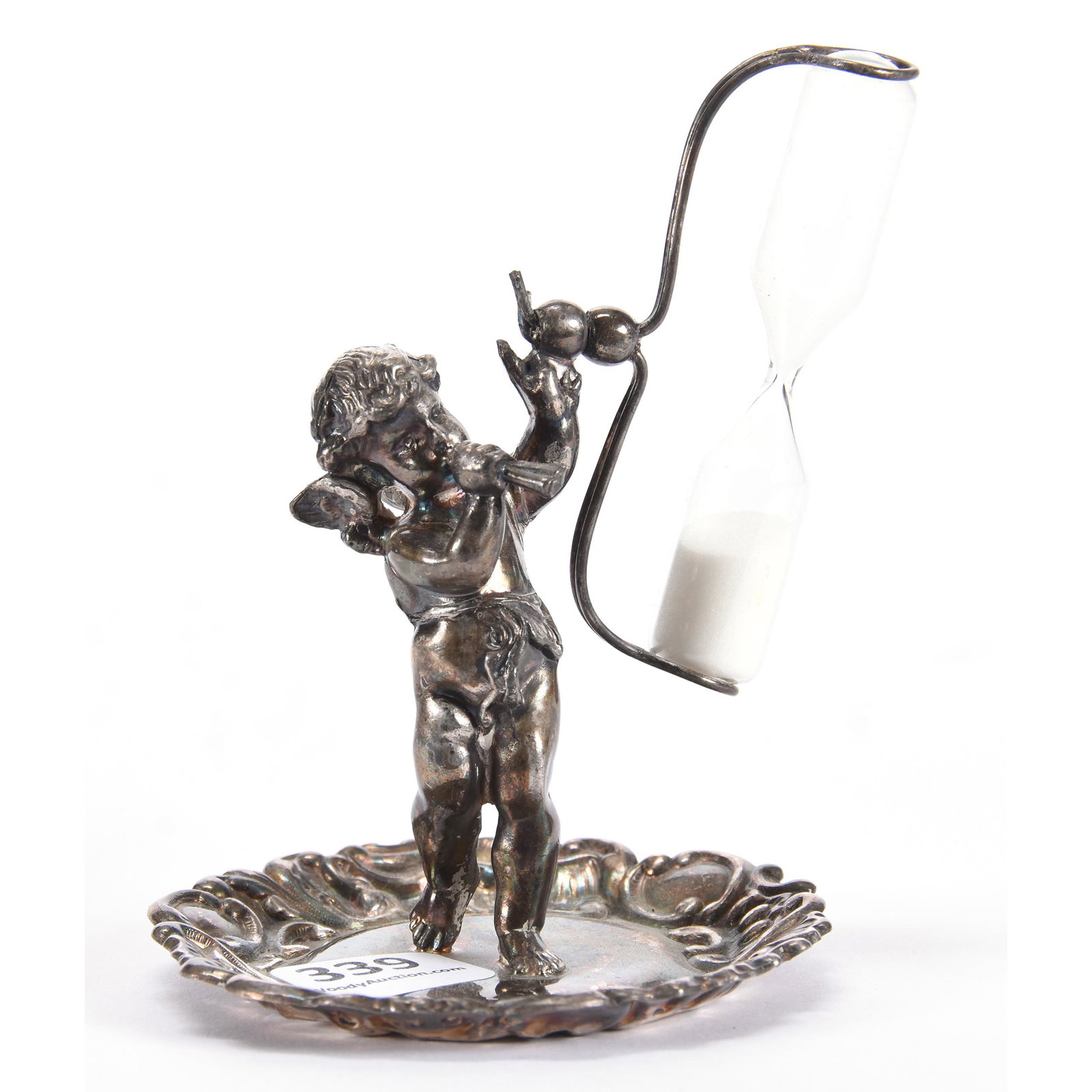 Victorian Hourglass Marked Pairpoint #6700: Victorian Hourglass Marked Pairpoint #6700, 4", Cherub Holding Rotating Hourglass, See Photos For Details, Ron Duncan/Allen Goodwin