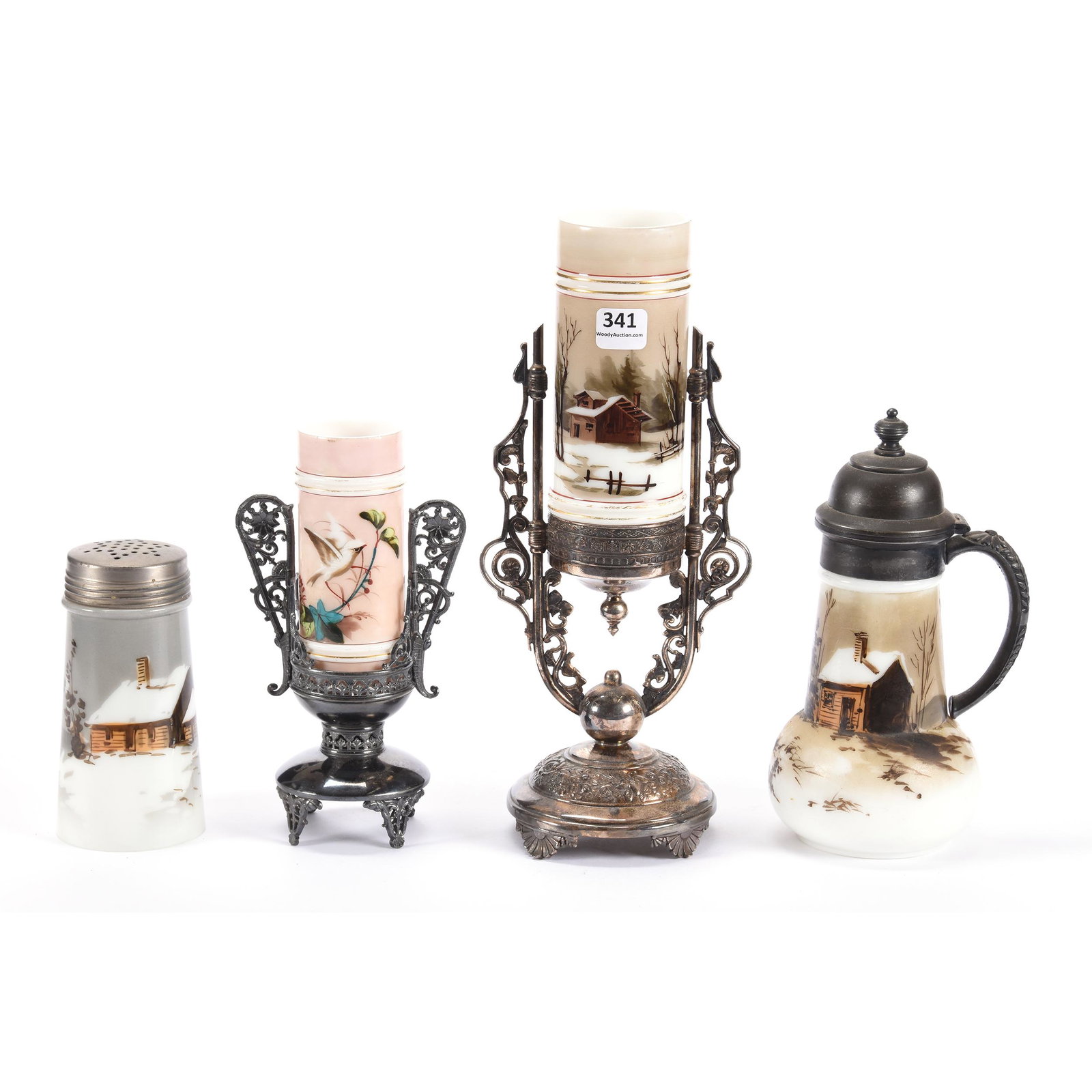 (4) Smith Brothers Art Glass Items: (4) Smith Brothers Art Glass Items, (1) 11" Cylinder Vase Set on Ornate Silverplate Stand, (1) 7.5" Cylinder Vase Signed Smith Brothers, Set on Webster Silverplate Stand, Vase is Loose Fit in Stand, (