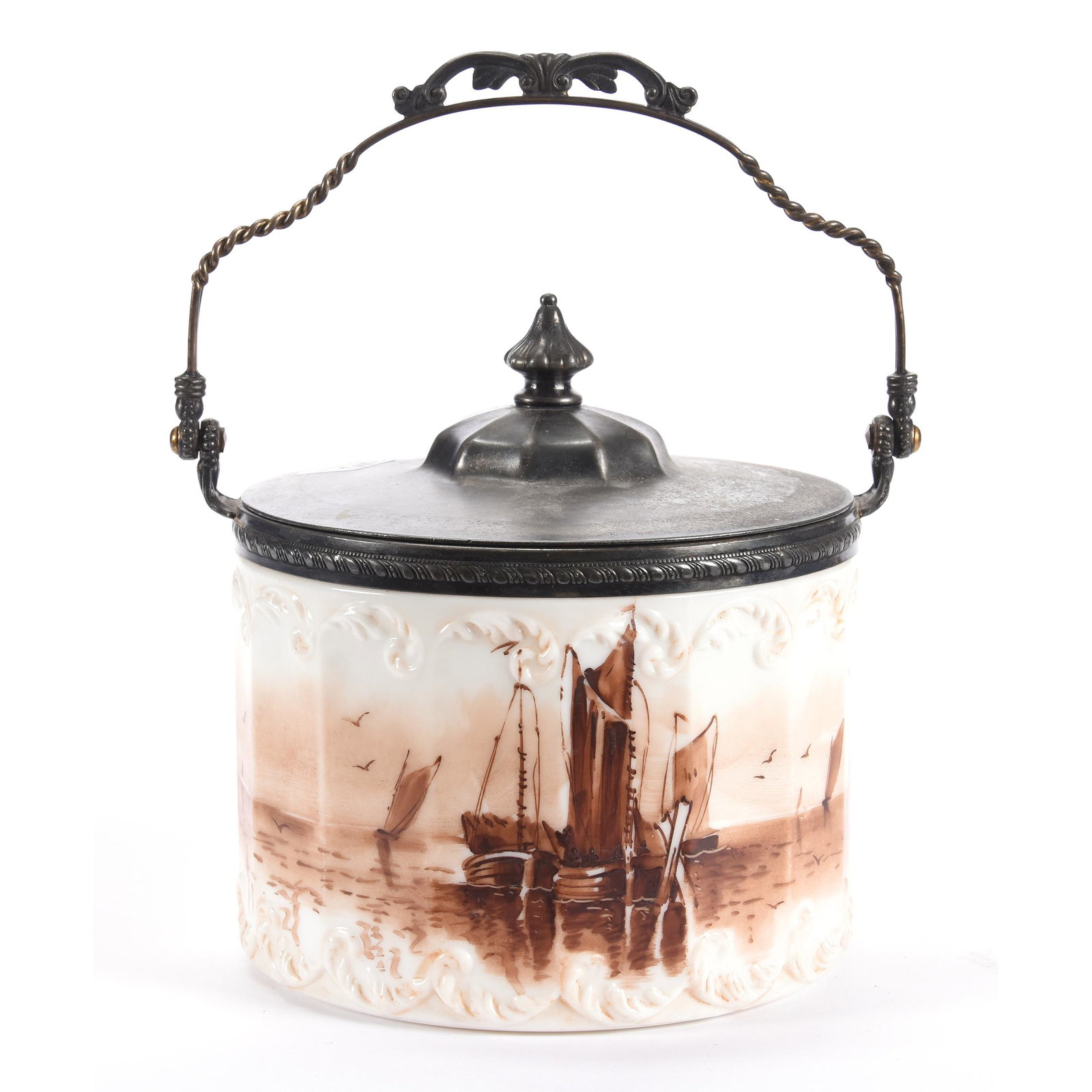 Biscuit Jar, Unmarked Pairpoint: Biscuit Jar, Unmarked Pairpoint, 6", Panel and Plume Mold, Brown and White Tones with Sailboat Scenic Decor, Marked Pairpoint Silverplate Lid and Bail, Ron Duncan/Allen Goodwin