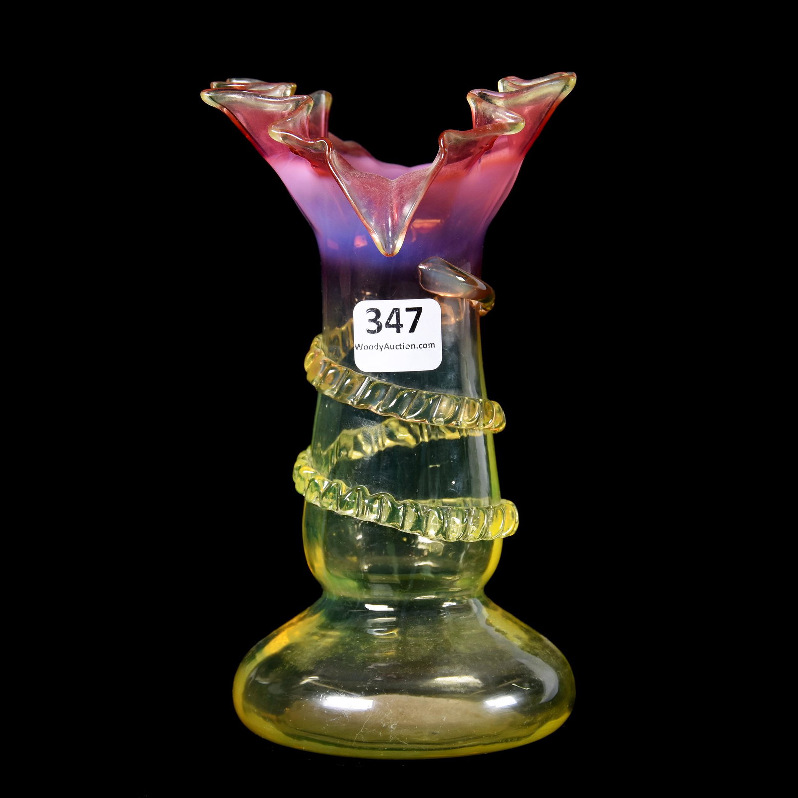 Vase, Pink Opal Shading To Vaseline Art Glass: Vase, Pink Opal Shading to Vaseline Art Glass, 6.5", Clear Applied Rigoree Swirl, Crimped Top, Ron Duncan/Allen Goodwin