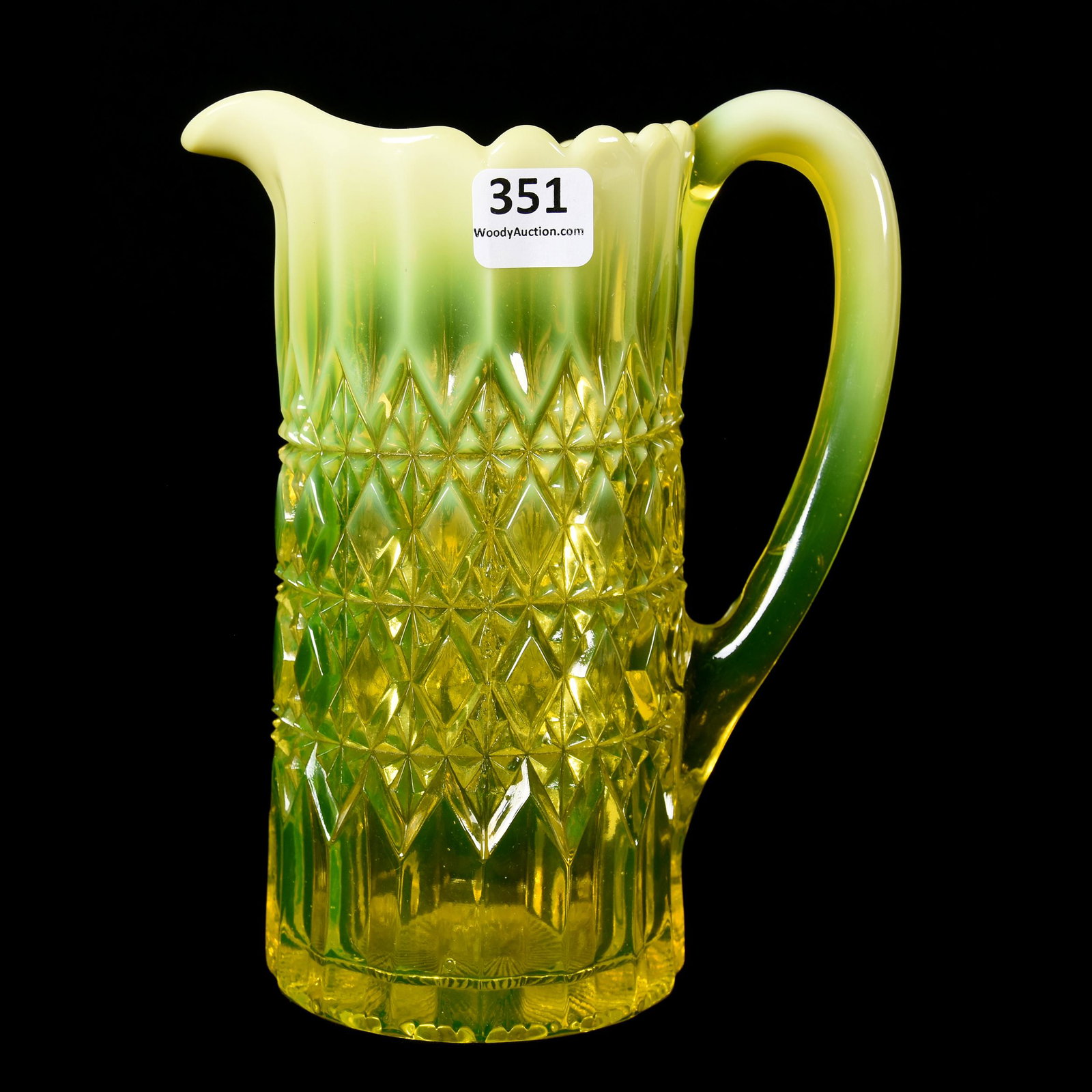 Water Pitcher, Vaseline Opalescent: Water Pitcher, Vaseline Opalescent, 7", Star and Diamond Motif, Ron Duncan/Allen Goodwin