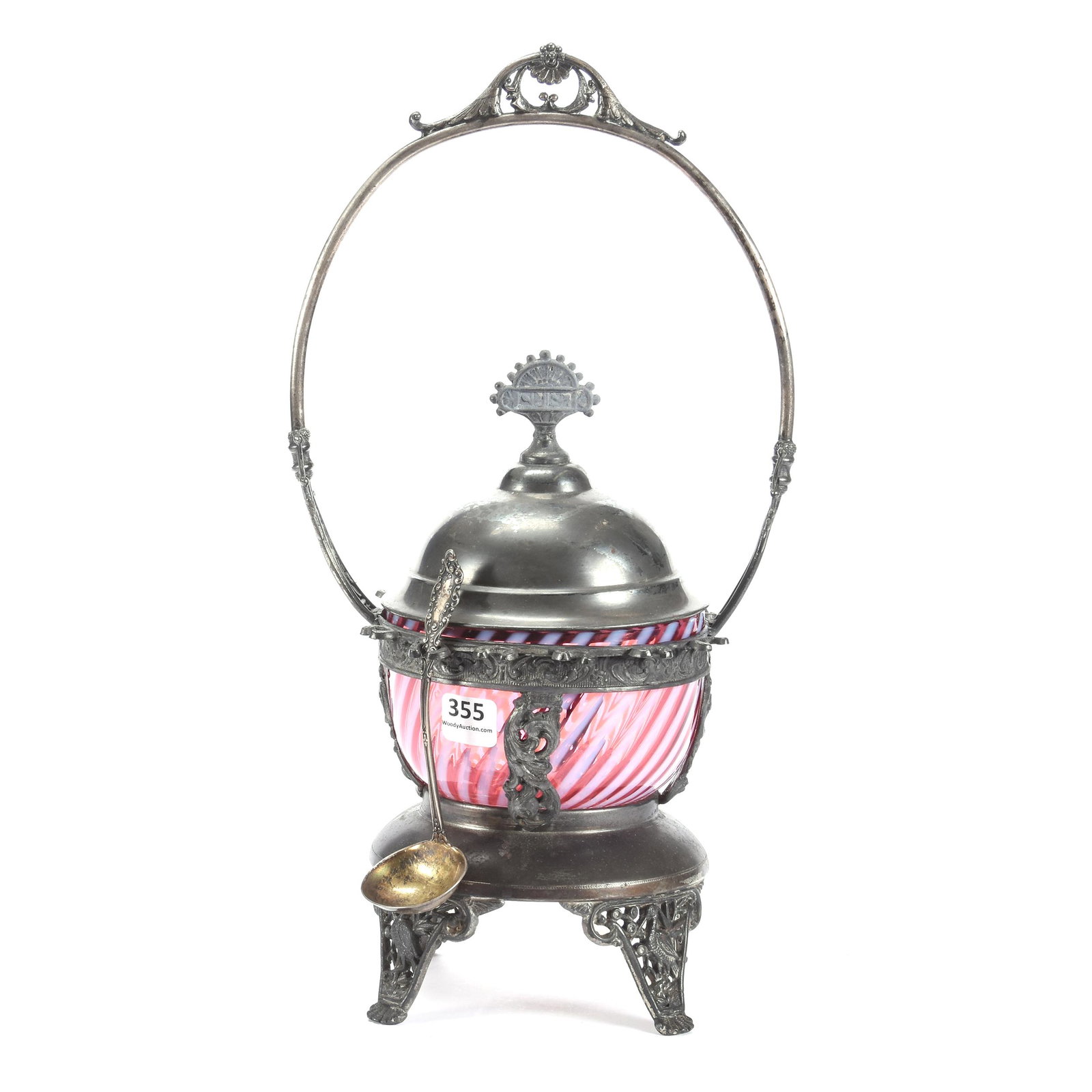 Victorian Sugar Bowl: Victorian Sugar Bowl, 13.5", Cranberry Opalescent Swirl Art Glass Insert Set on Rogers Silverplate Frame, Ron Duncan/Allen Goodwin