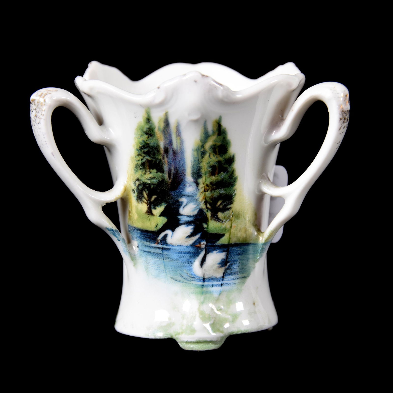 Toothpick Holder, Three Handles, Unmarked: Toothpick Holder, Three Handles, Unmarked, 2.5", White with Swan and Evergreen Scenic Decor, Dean and Marilyn Zellers, KS