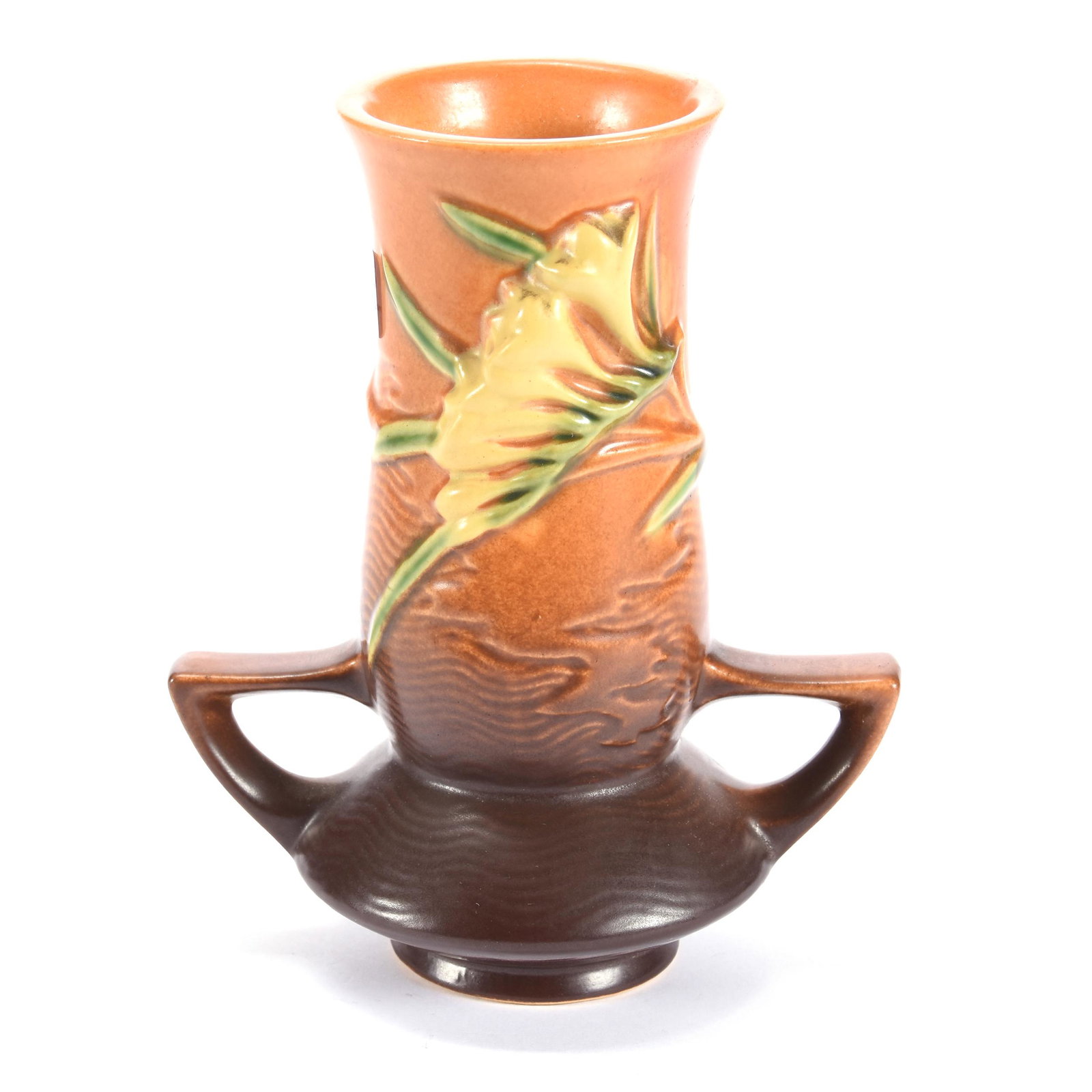 Vase, Roseville Art Pottery #119-7", Freesia Pattern: Vase, Roseville Art Pottery #119-7", Freesia Pattern, 7", Brown Tones, Ron Duncan/Allen Goodwin