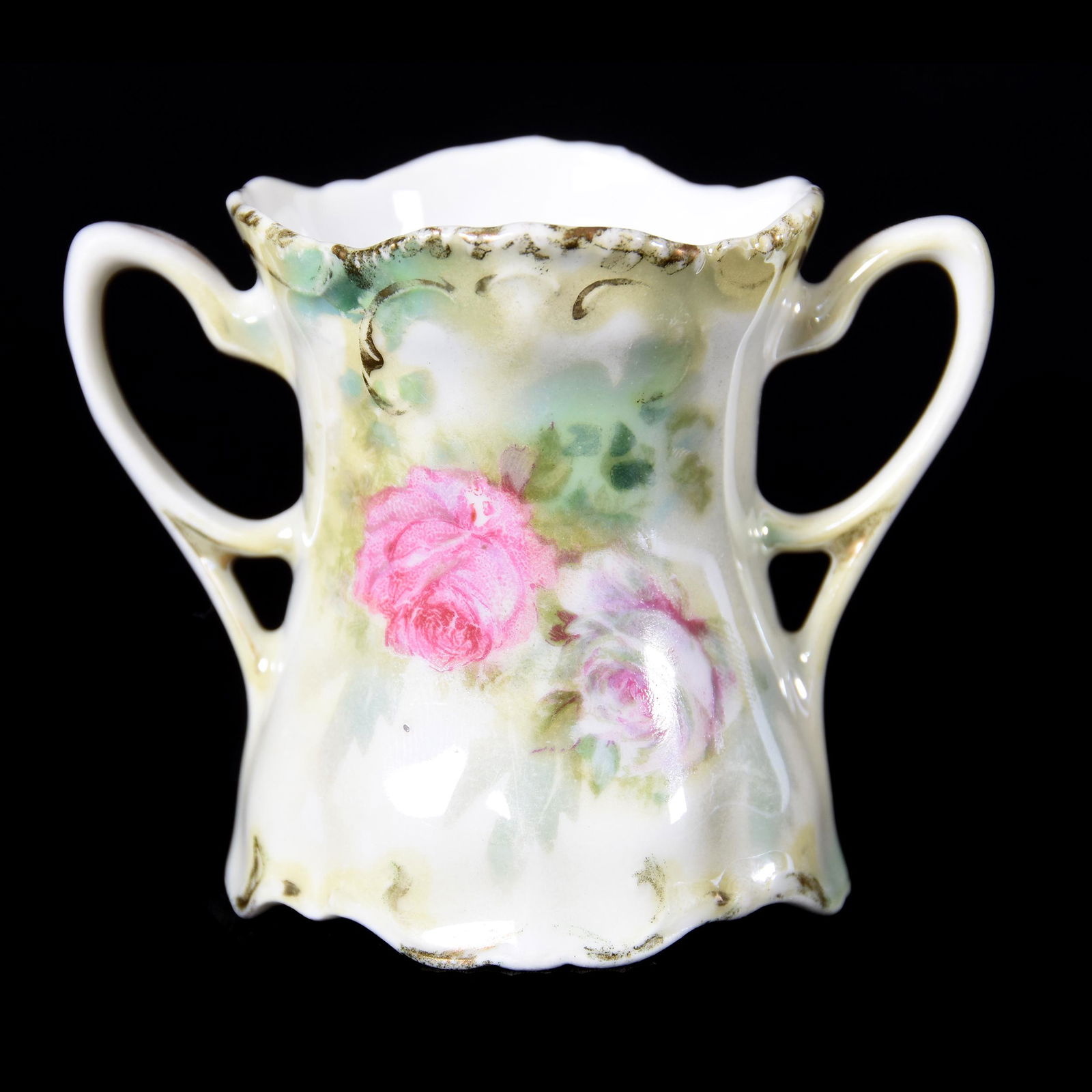 Toothpick Holder, Two Handles, Unmarked: Toothpick Holder, Two Handles, Unmarked, 2.5", Green and White Lustre Finish, Pink Rose Decor, Dean and Marilyn Zellers, KS