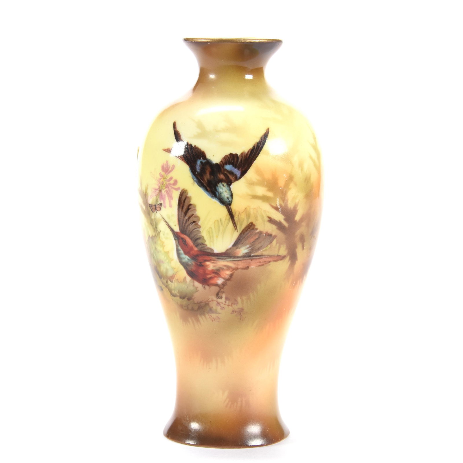 Vase, Unmarked Prussia, Hummingbird Scenic Decor: Vase, Unmarked Prussia, Hummingbird Scenic Decor, 6.25", Brown Tones, Nice Quality, Professional Rim Repair, The Clarence Meyer Estate, KS