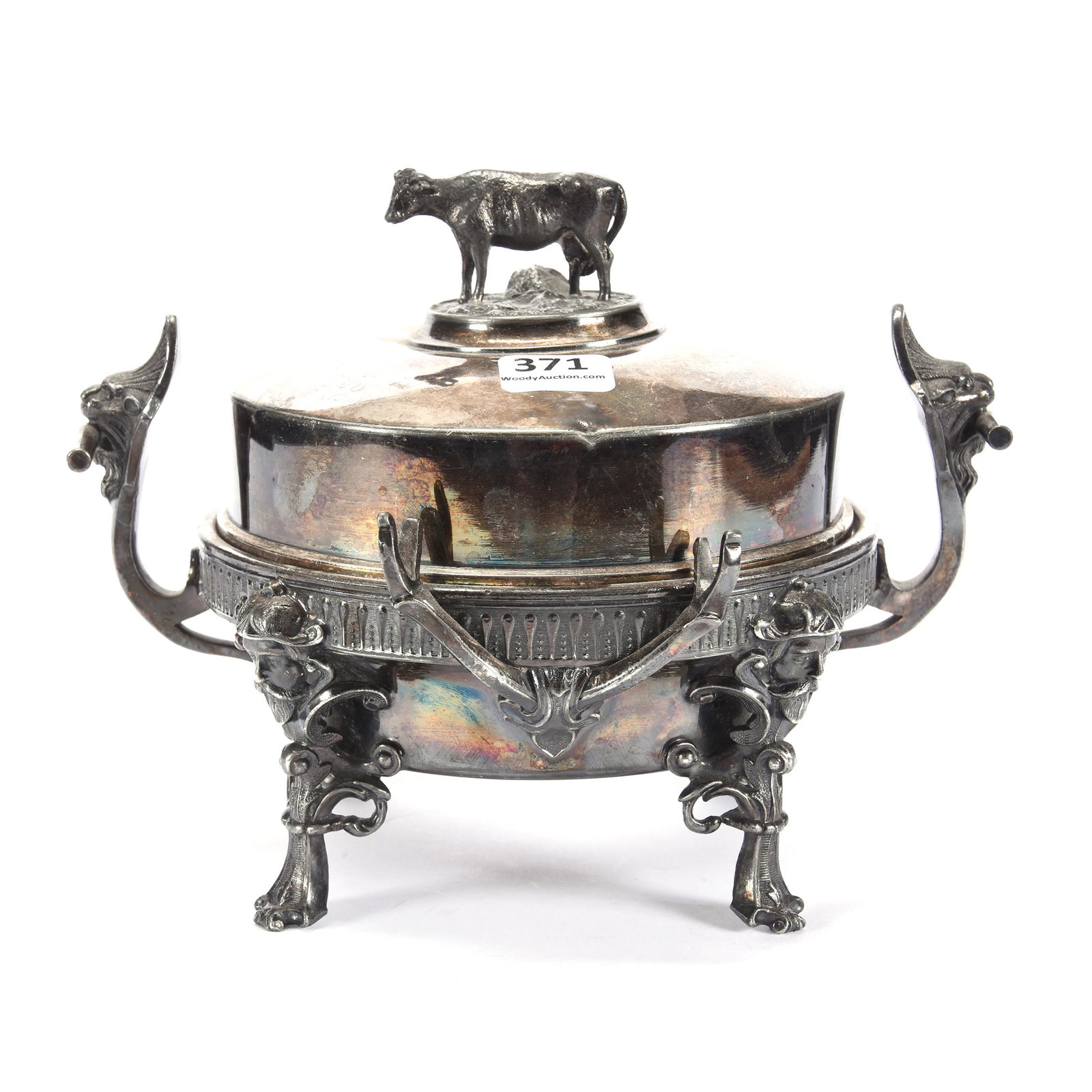 Butter Dish, Unmarked Silverplate, Cow Finial: Butter Dish, Unmarked Silverplate, Cow Finial, 5.75" x 7.5", Embossed Viking Head and Lion Highlights, Ron Duncan/Allen Goodwin