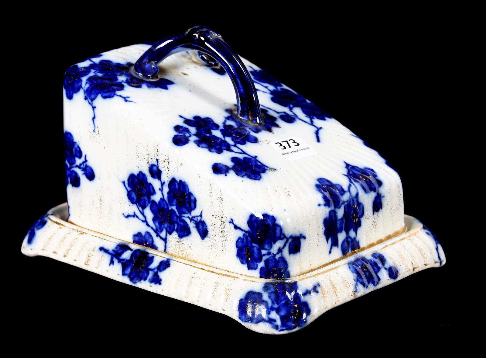 Covered Cheese Dish, Flow Blue, Unmarked: Covered Cheese Dish, Flow Blue, Unmarked, 5" x 7.75", Floral Pattern, Gold Stencil Highlights, Ron Duncan/Allen Goodwin