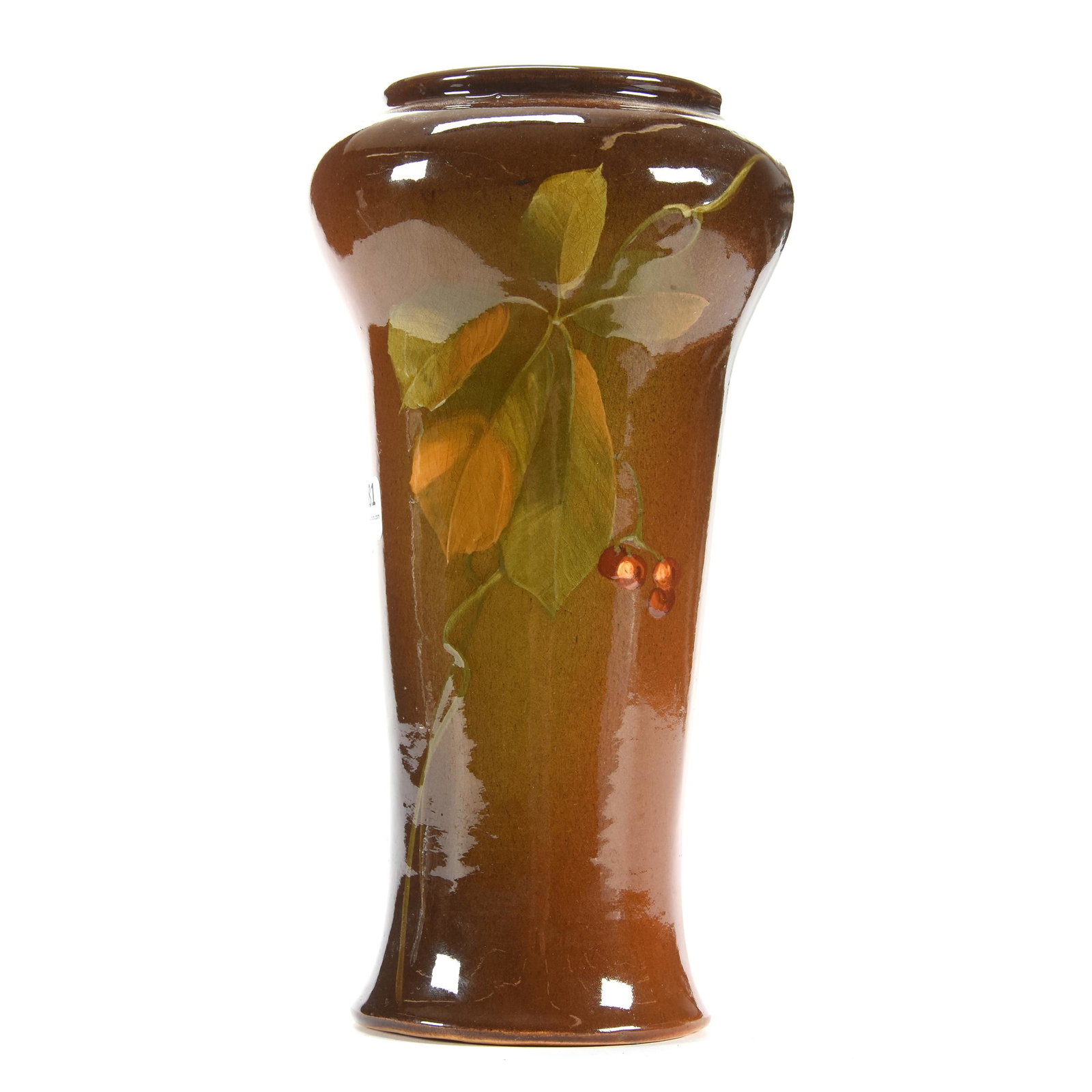 Vase, Owens Art Pottery: Vase, Owens Art Pottery, 10.25" x 5.25", Brown Tones with Berry and Leaf Decor, Ron Duncan/Allen Goodwin