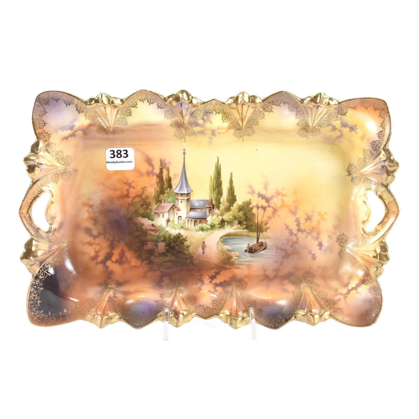 Dresser Tray Marked RSP, Mold #98, Castle Scene: Dresser Tray Marked RSP, Mold #98, Castle Scene, 11.25", Brown Tones with Gold Stencil Highlights, One Corner of Tray has Sizeable Professional Repair, The Clarence Meyer Estate, KS