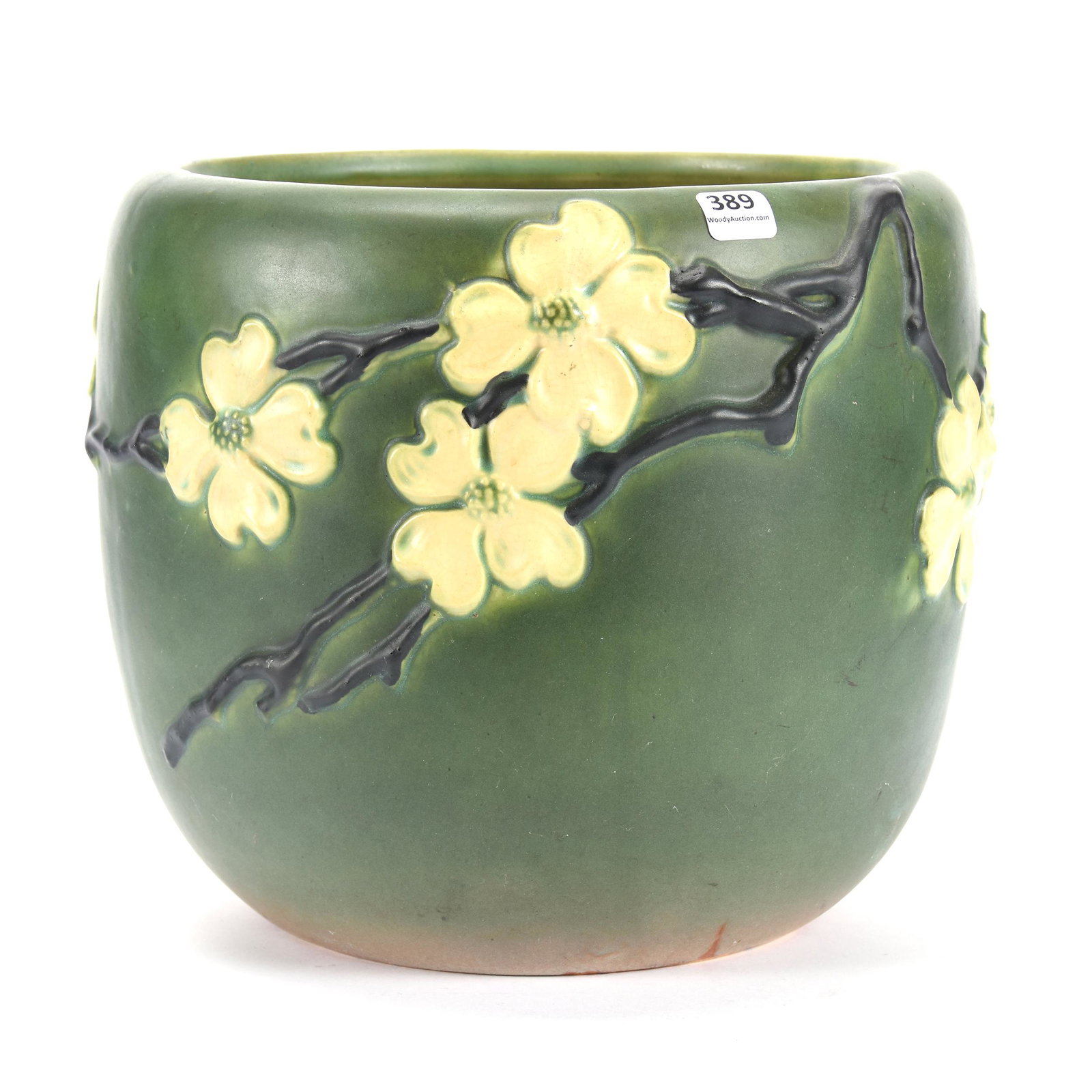 Jardiniere, Unmarked Roseville Dogwood II Pattern: Jardiniere, Unmarked Roseville Dogwood II Pattern, 9.5" x 11", Green Tones, Ron Duncan/Allen Goodwin
