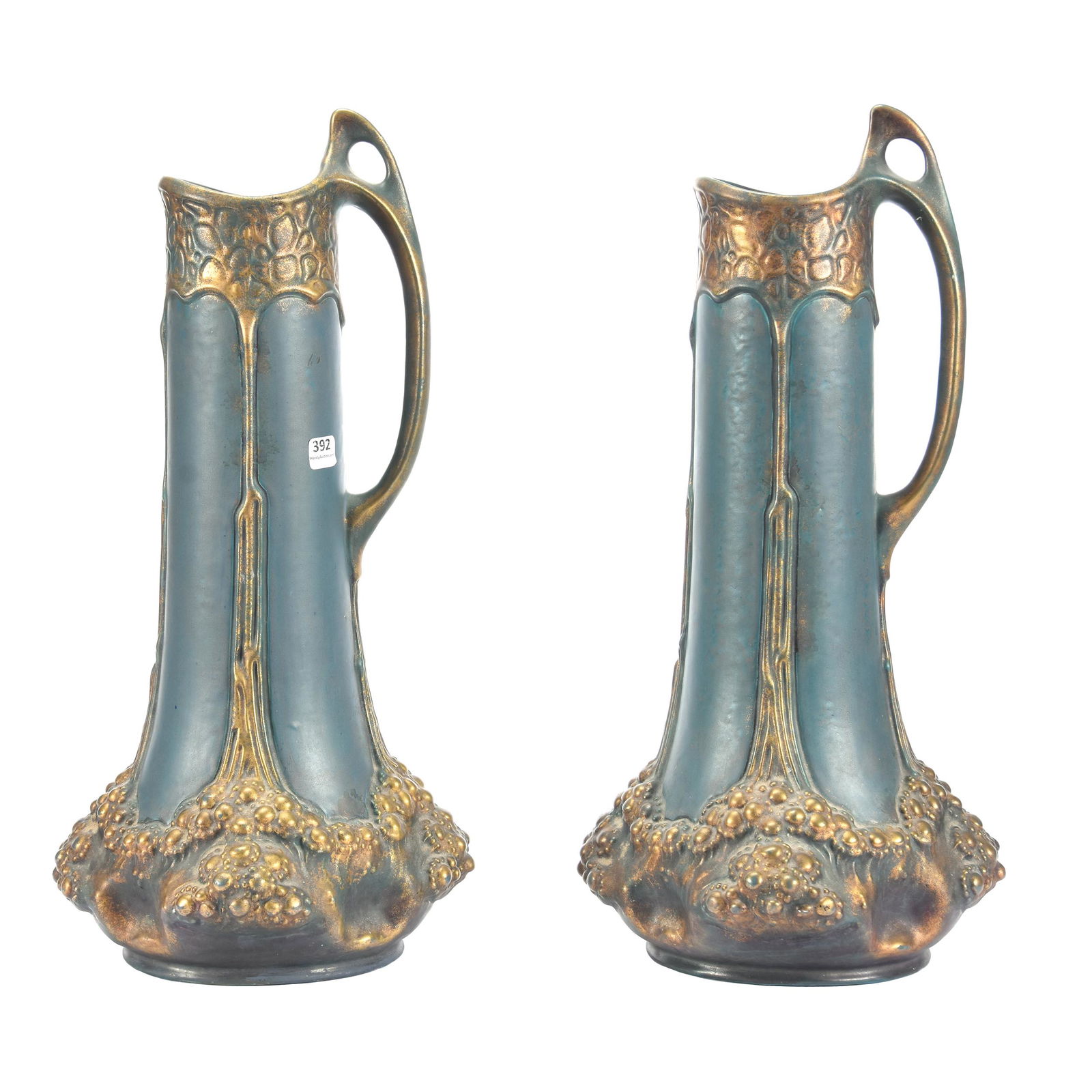 Pair Handled Ewers Marked Julius Dressler Pottery: Pair Handled Ewers Marked Julius Dressler Pottery, 19.25", Austria, Circa 1900, Type of Amphora, Blue with Gold Stencil Highlights, Unique Art Nouveau Form, Ron Duncan/Allen Goodwin