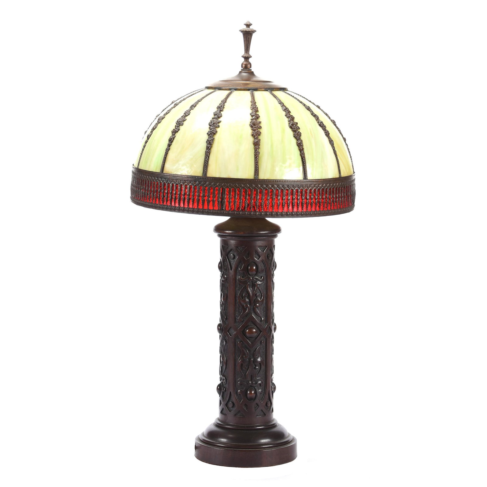 Table Lamp With Green Bent Panel Slag Shade: Table Lamp with Green Bent Panel Slag Shade, 31" x 16", Gilt Metal Embossed Floral Highlights on Shade, Set on Carved Wooden Column Lamp Base, Electrified, Two Light, Ron Duncan/Allen Goodwin