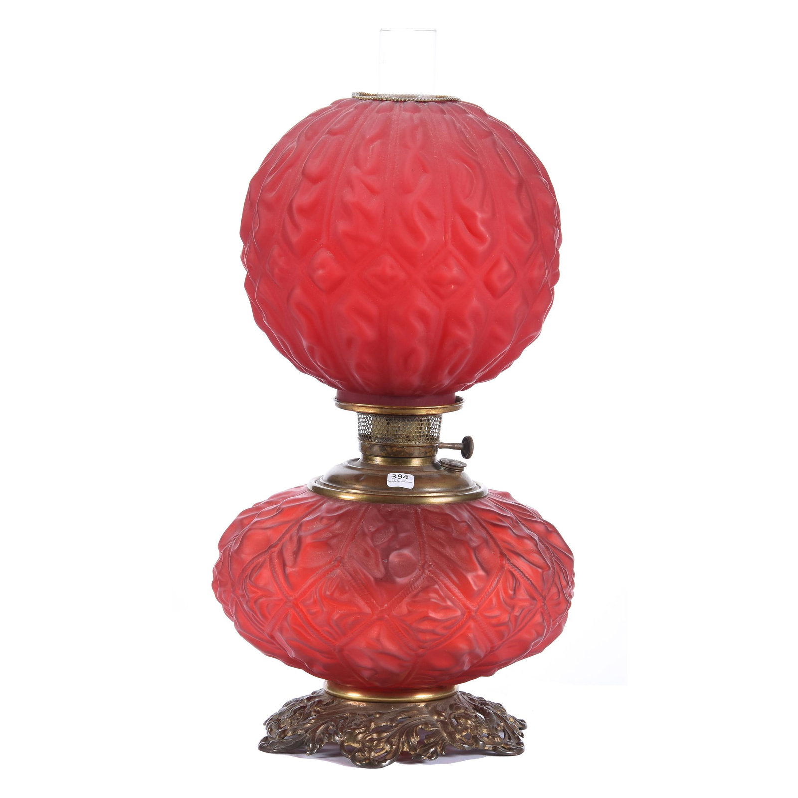Table Lamp, Red Satin Gone With The Wind: Table Lamp, Red Satin Gone with The Wind, 21.5", Original Kerosene, Diamond and Drape Pattern by Consolidated Glass, Nice Embossed Brass Floral Base, Shade is Darker Than Base, Ron Duncan/Allen Goodwi