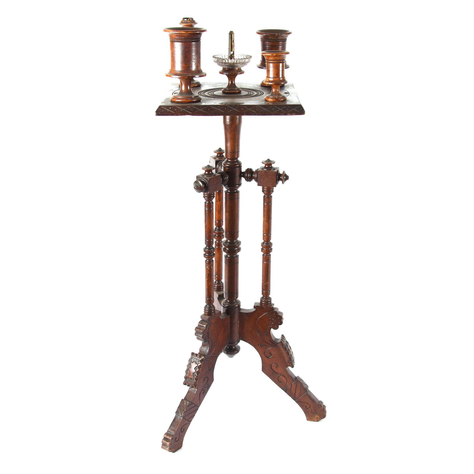 Walnut Smoke Stand, Eastlake Style: Walnut Smoke Stand, Eastlake Style, 36", Features Cigar Cutter with Glass Ash Receiver in Center, Cigar and Cigarette Holders, Match Holder and Candle Holder, Metal Match Striker Mounted on Surface, T