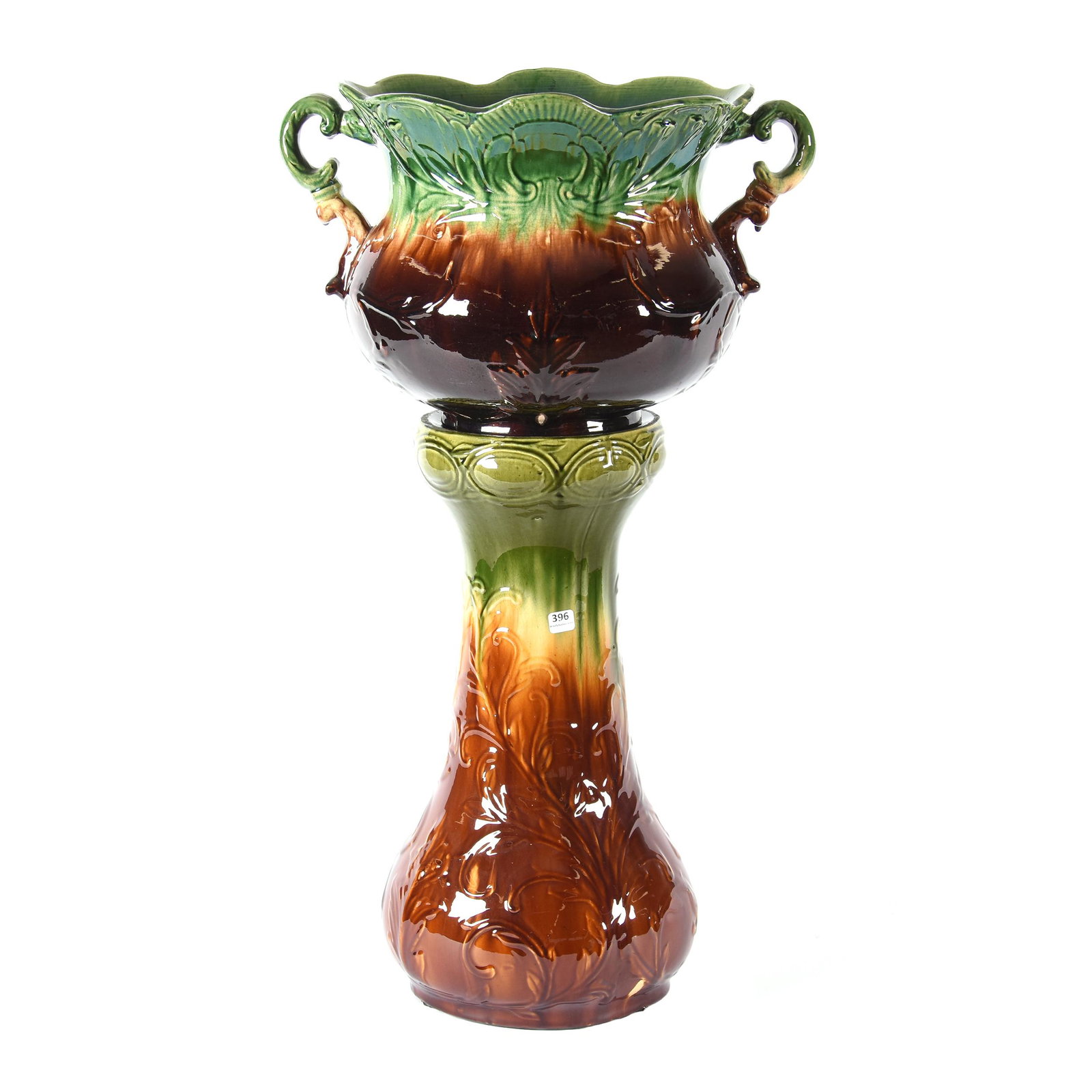 Jardiniere & Pedestal, Majolica: Jardiniere & Pedestal, Majolica, 31" x 17", Green and Brown Glaze with Leaf and Floral Mold, Some Factory Glaze Loss on Bottom of Bowl, 31" x 17" Across Handles, Ron Duncan/Allen Goodwin