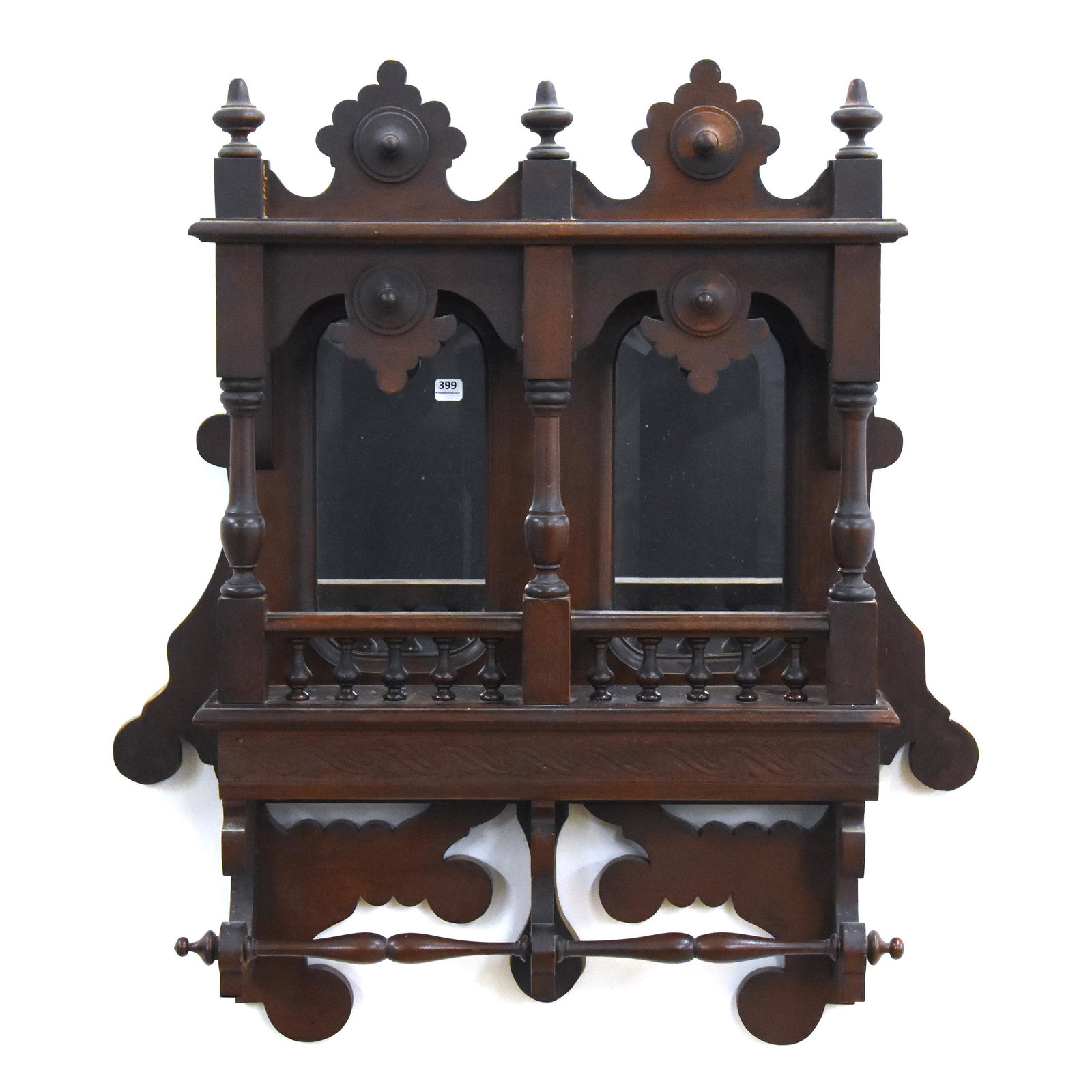 Walnut Whatnot Shelf, Wall Mounted: Walnut Whatnot Shelf, Wall Mounted, 36" x 28", Two Oval Beveled Mirrors, and Towel Bars, Ron Duncan/Allen Goodwin. UPDATED 4/7/20: This item will require a professional shipper or personal pick up by 