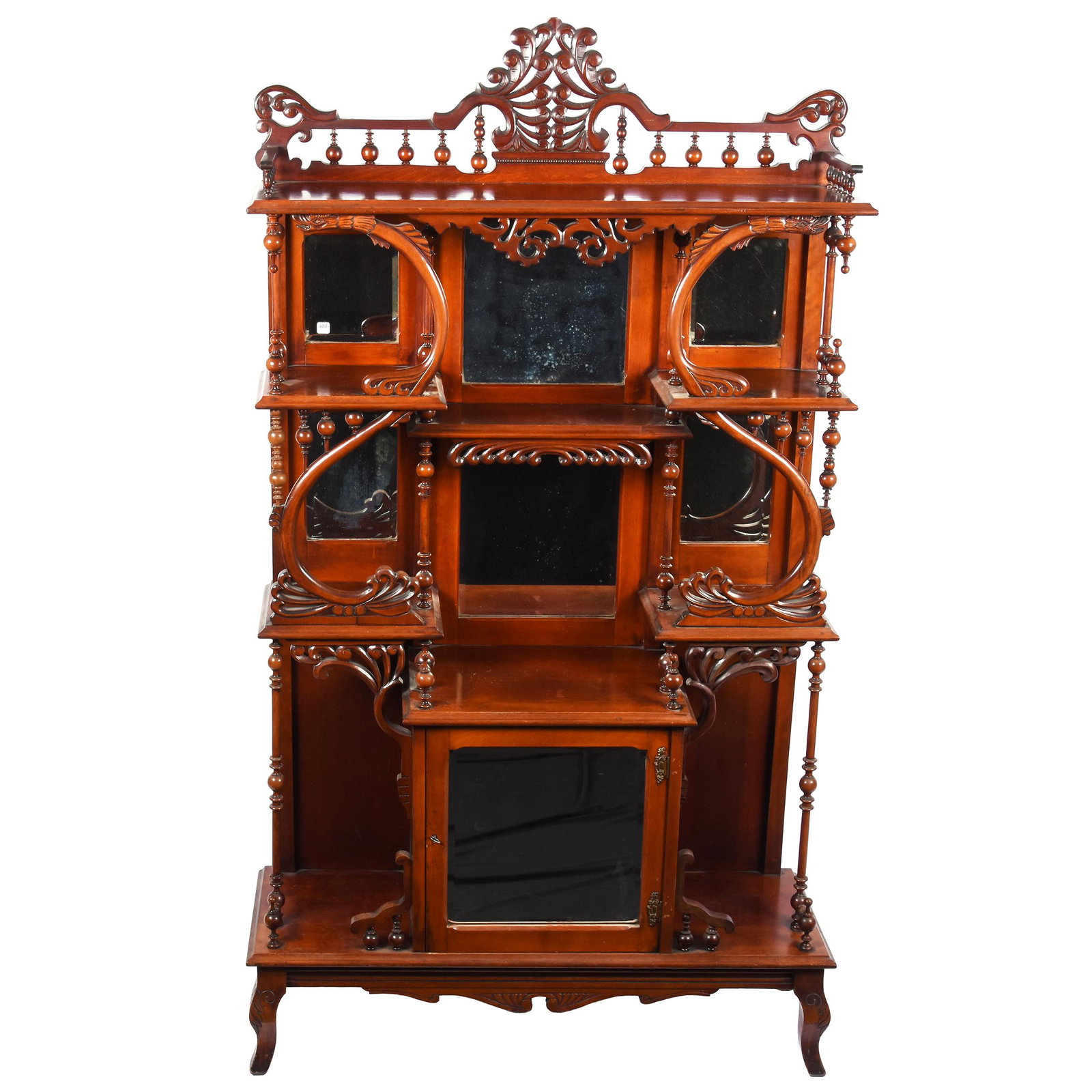Etagere, Seven Beveled Mirrors, One Door: Etagere, Seven Beveled Mirrors, One Door, 72.5" x 41", Multi-Level Shelves, Beautiful Design, One Spindle Replaced, Ron Duncan/Allen Goodwin. UPDATED 4/7/20: This item will require a professional ship