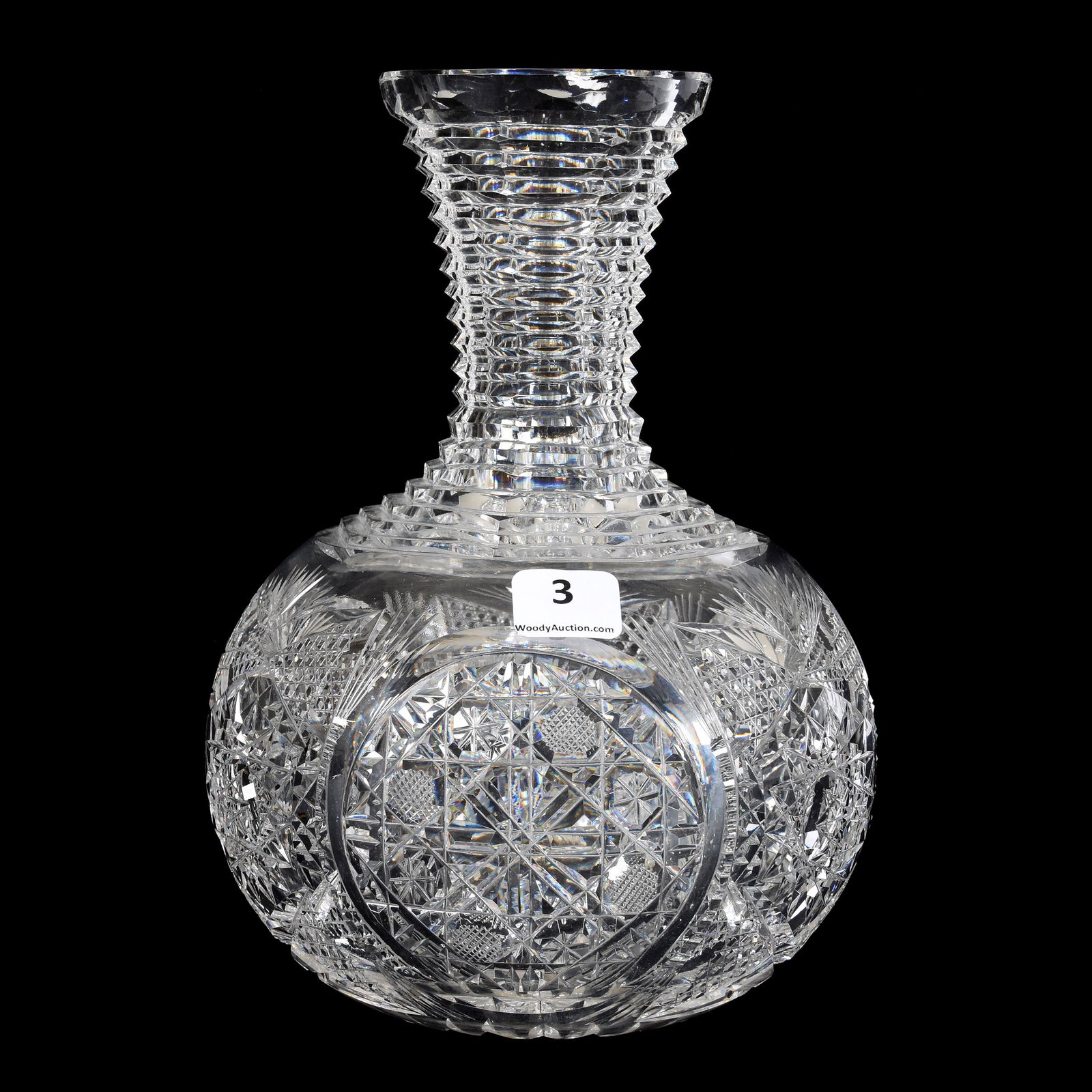 Water Carafe, American Brilliant Cut Glass: Water Carafe, ABCG, 8", Hobstar, Nailhead Diamond, Prism, Fan and Circular Cane Medallion, Step Cut Neck, Ray Cut Base, Clear Blank, Mike & Mary Ann Callahan, OK