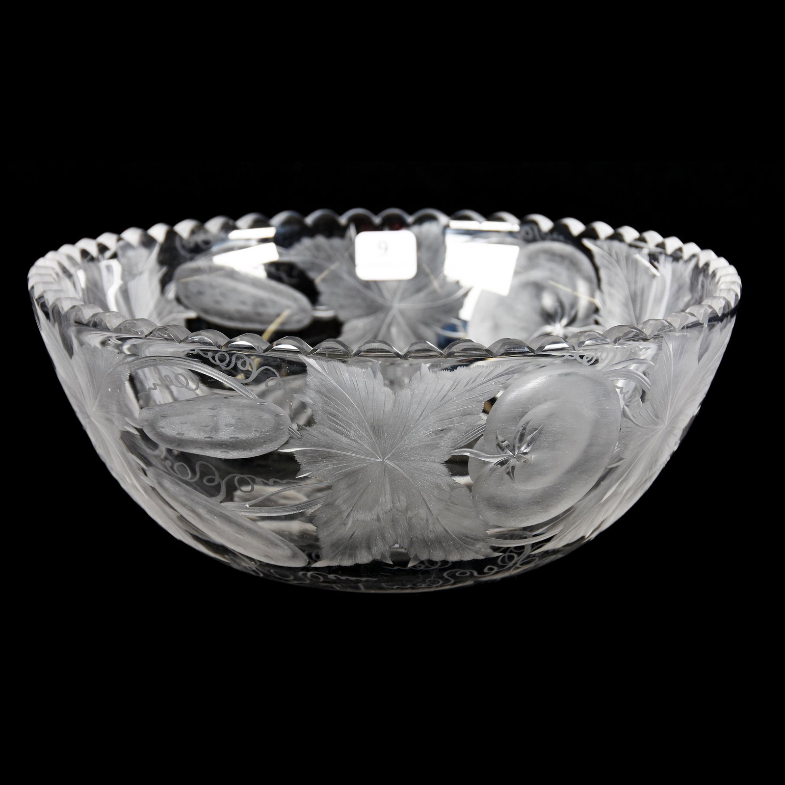 Bowl, ABCG, Beautiful Intaglio Engraved: Bowl, ABCG, Beautiful Intaglio Engraved, 4" X 10", Engraved with Cabbage, Tomato and Cucumber Design, Mike & Mary Ann Callahan, OK