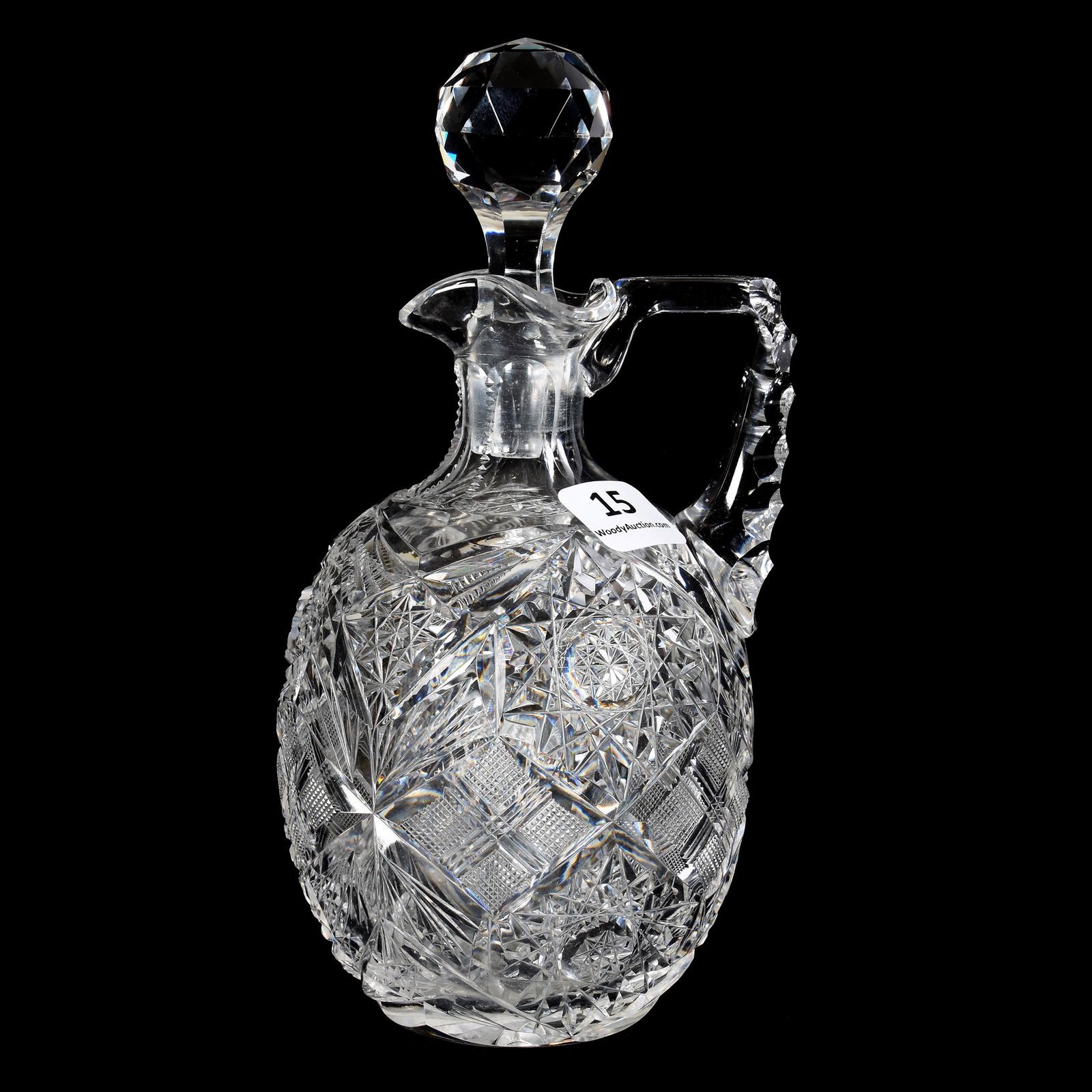 Cruet Bottle, American Brilliant Cut Glass: Cruet Bottle, ABCG, 7", Hobstar, Strawberry Diamond, Crosshatch & Fan Motif, Triple-Notched Handle, Ray Cut Base, Stopper Plug has Side Sliver, Mike & Mary Ann Callahan, OK