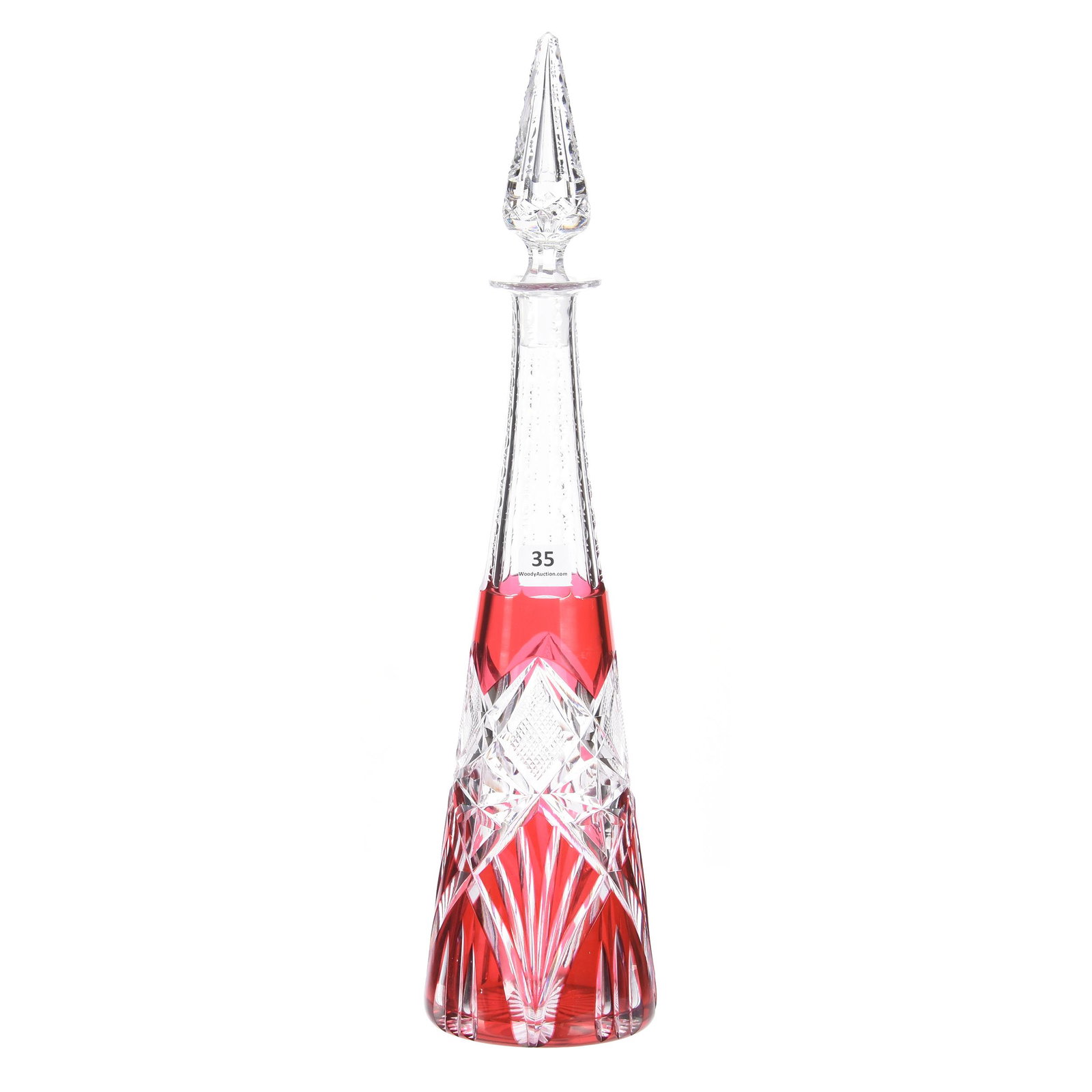 Decanter, Brilliant Period, Cranberry Cut to Clear: Decanter, Brilliant Period, Cranberry Cut to Clear, 16.5", Strawberry Diamond, Star and Fan Motif, Matching Pattern Number on Stopper and Base, Attributed to Val St. Lambert, Mike & Mary Ann Callahan,