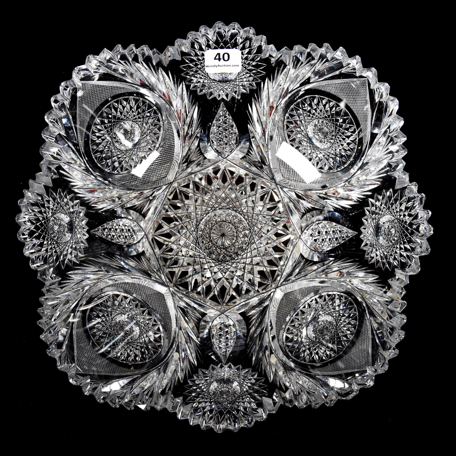 Bowl, American Brilliant Cut Glass: Bowl, ABCG, 3.5" X 9.5", Hobstar, Vesica, Strawberry Diamond and Wreath Motif, Quality Blank, One Outside Rim Chip, Mike & Mary Ann Callahan, OK