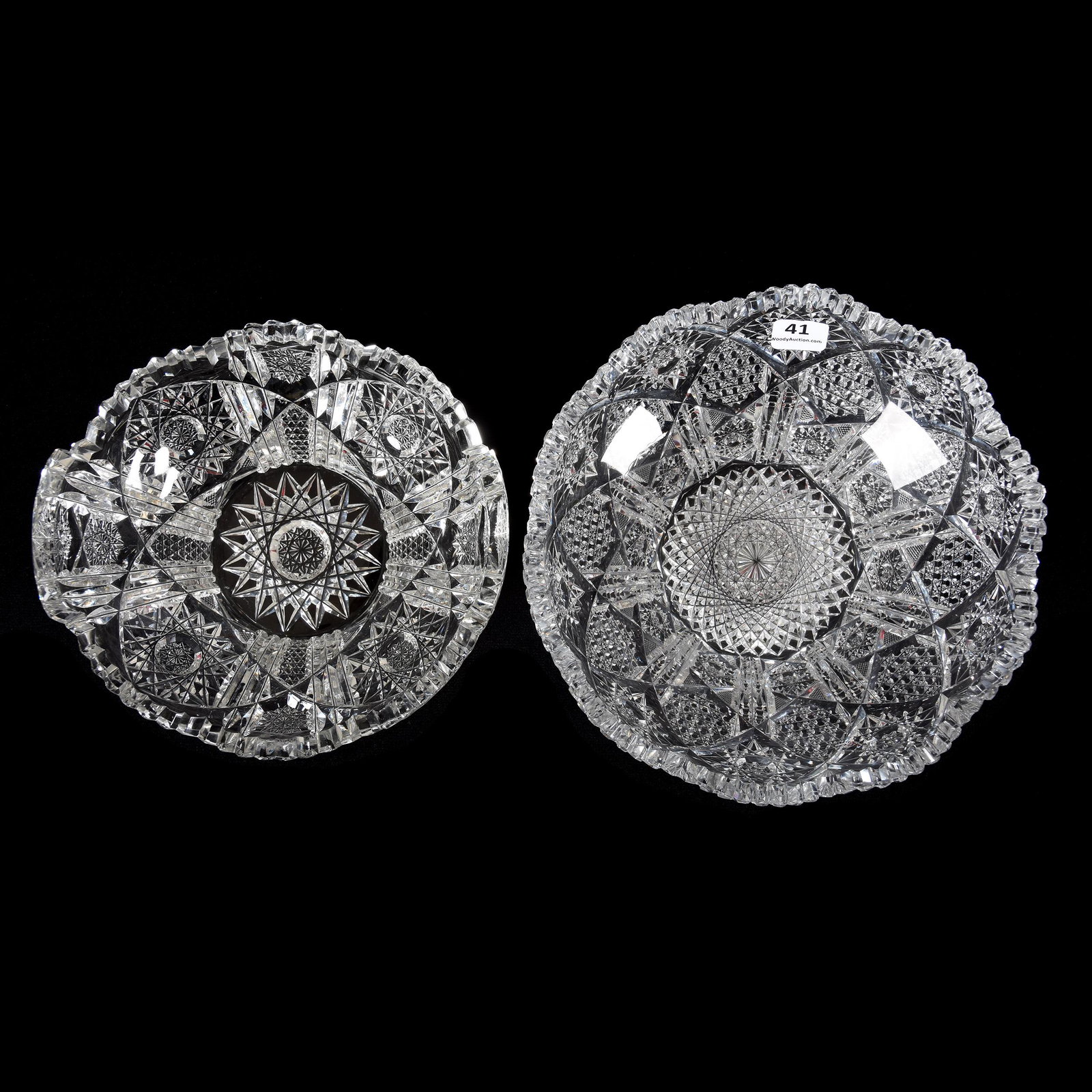 (2) Bowls, American Brilliant Cut Glass: (2) Bowls, ABCG, (1) 3.5" X 8", Flared, Myrtle Pattern by Pairpoint, (1) 3.25" X 7.25", Ice Tub, Tab Handled, Ivanhoe Pattern by Bergen, Exactly as Featured in Pearson's Volume III, Page 80, Mike & Ma