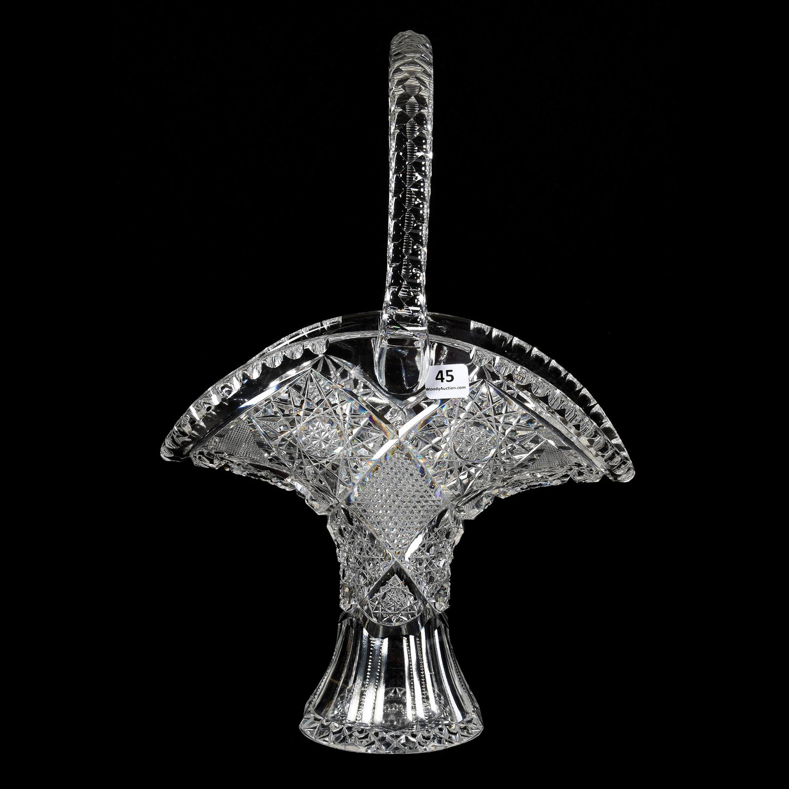 Easter Basket, American Brilliant Cut Glass: Easter Basket, ABCG, 14.5" X 10", Hobstar, Strawberry Diamond, Nailhead Diamond and Cane Motif, Hobstar Base, Triple-Notched Handle, Nice Quality, Mike & Mary Ann Callahan, OK