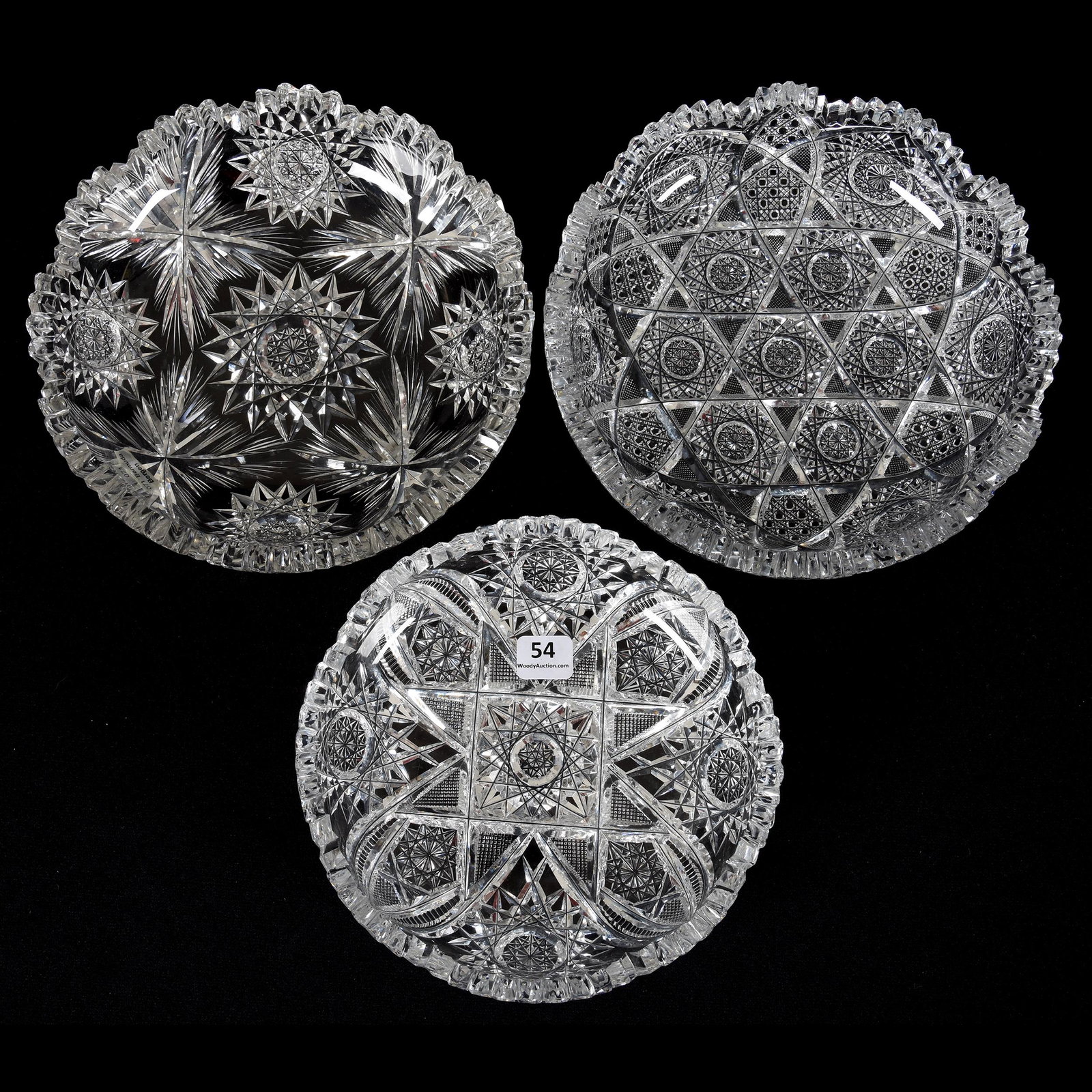(3) Low Bowls, American Brilliant Cut Glass: (3) Low Bowls, ABCG, (1) 8", Bermuda Pattern by Bergen, (1) 8", Cluster Pattern, (1) 7", Mars Pattern by Pitkin & Brooks, Mike & Mary Ann Callahan, OK