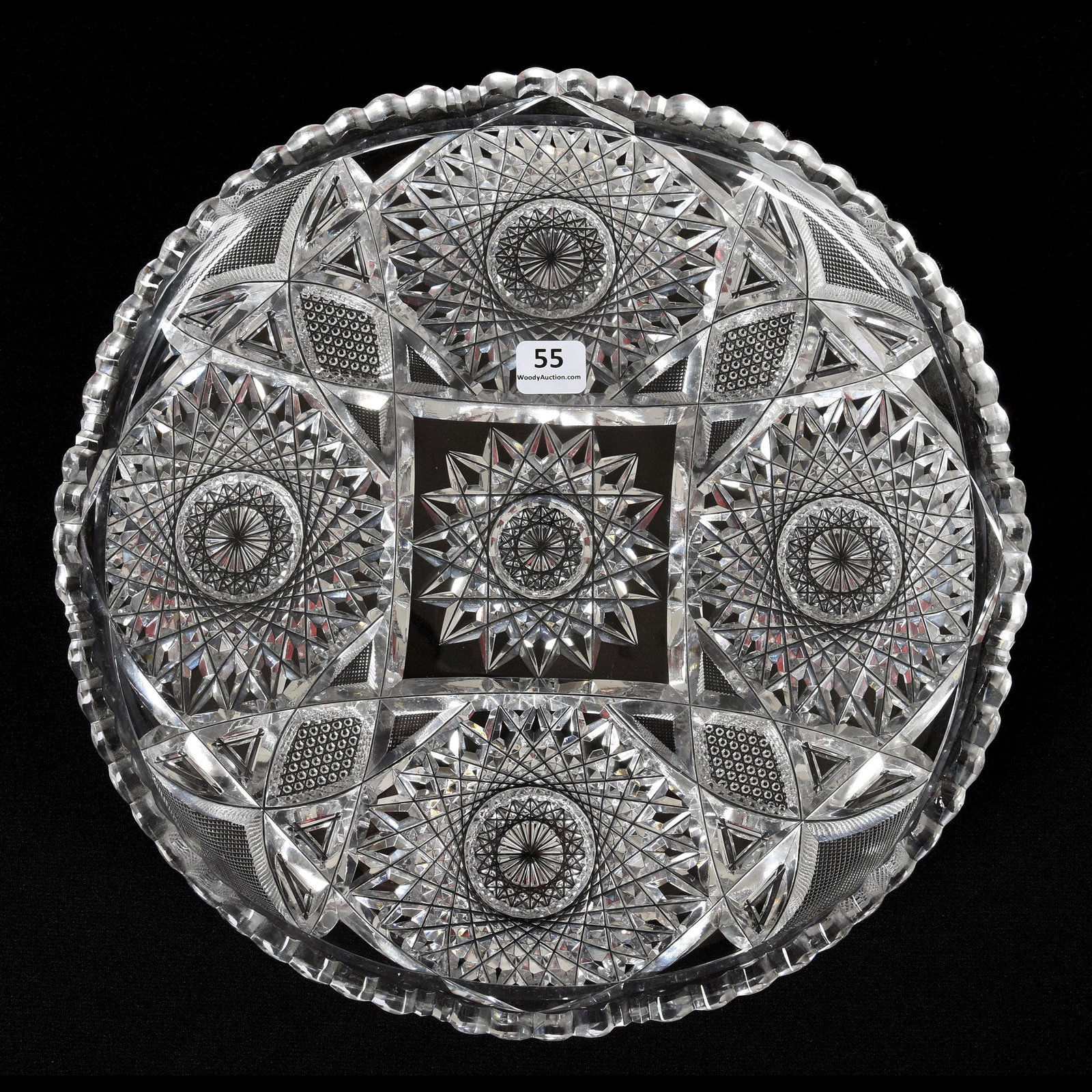 Round Tray, American Brilliant Cut Glass: Round Tray, ABCG, 12", Hobstar, Nailhead Diamond, Strawberry Diamond Motif, Mike & Mary Ann Callahan, OK