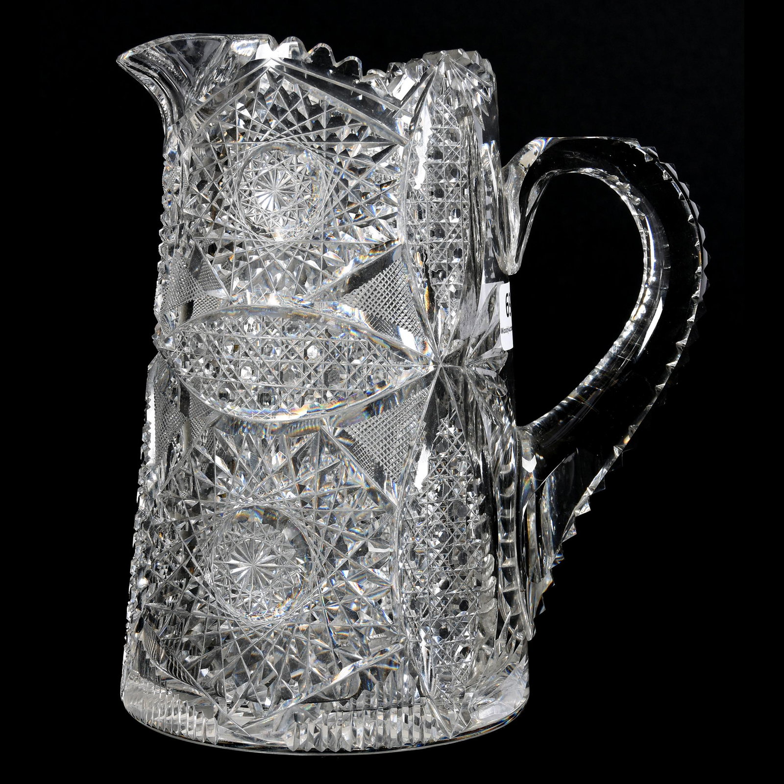 Pitcher, American Brilliant Cut Glass: Pitcher, ABCG, 7.25", Hobstar, Vesica, Cane, Strawberry Diamond, Nailhead Diamond and Fan Motif, Modified Hobstar Base, Step Cut Handle, Mike & Mary Ann Callahan, OK