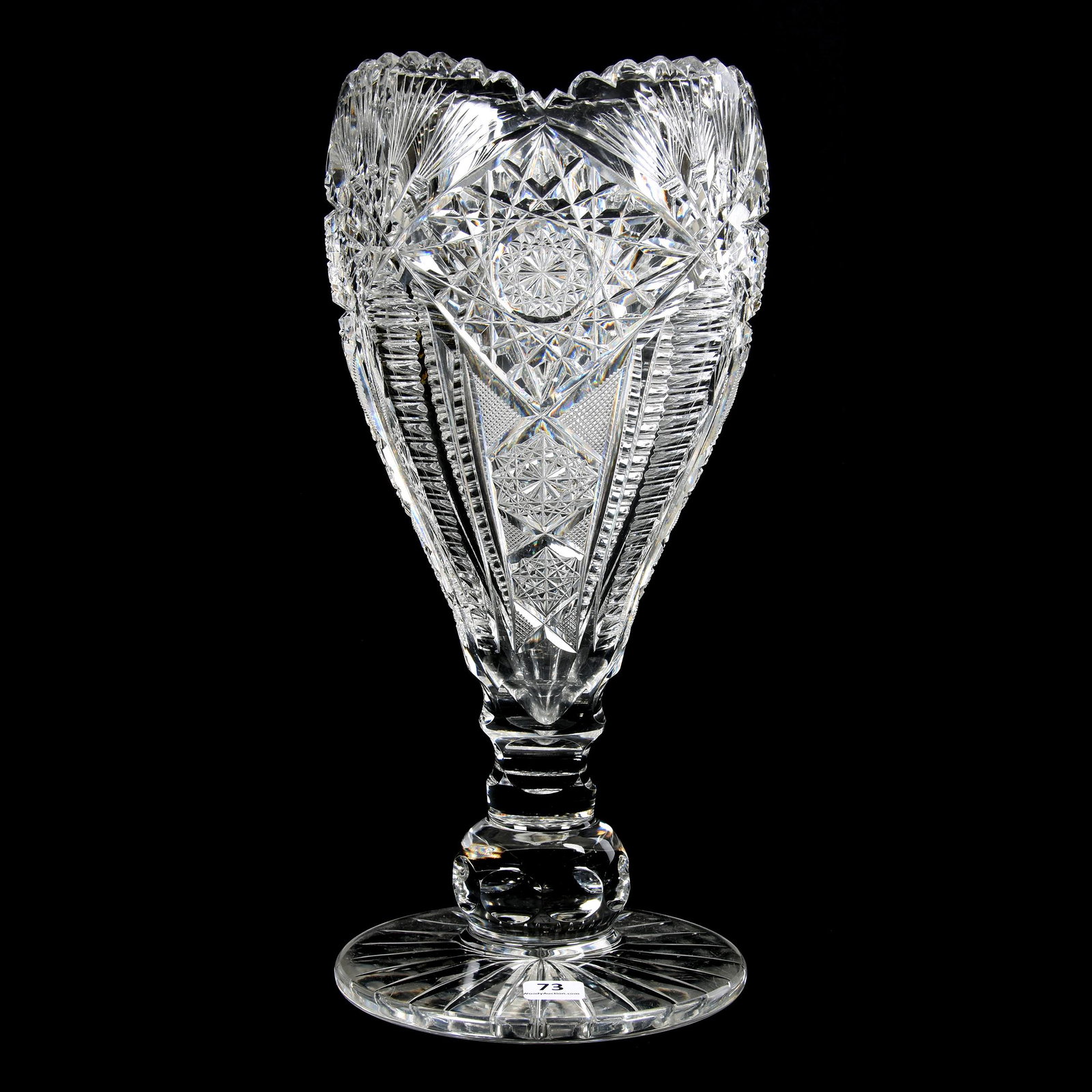 Chalice Vase, ABCG: Chalice Vase, ABCG, 13.75", Hobstar, Strawberry Diamond, Zipper and Fan Motif, Large Ray Cut Foot, Heavy Blank, Mike & Mary Ann Callahan, OK