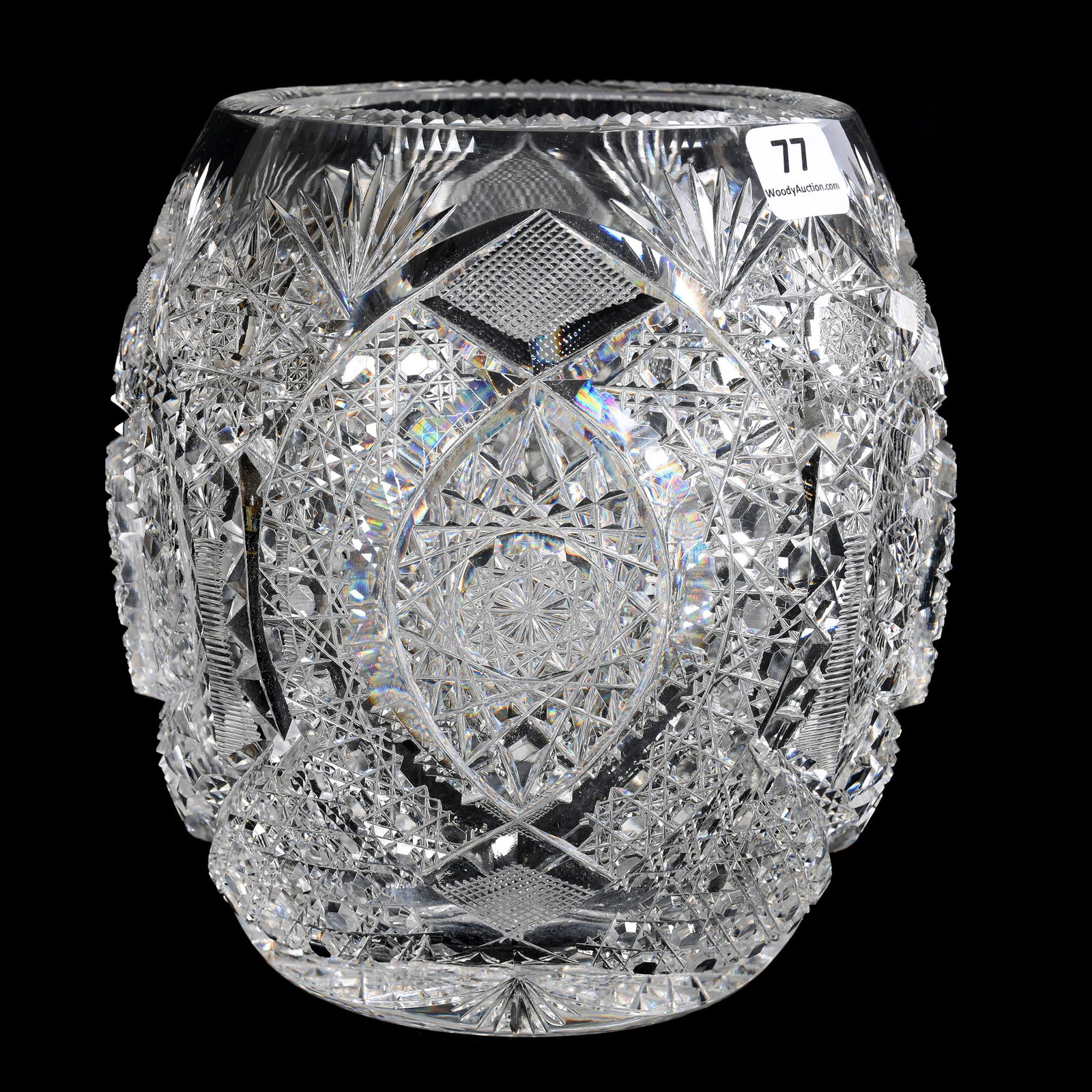 Rose Bowl, Oval, ABCG: Rose Bowl, Oval, ABCG, 6.75" X 6", Hobstar, Vesica, Cane, Strawberry Diamond and Fan Motif, Hobstar Base, Notched Rim, Mike & Mary Ann Callahan, OK