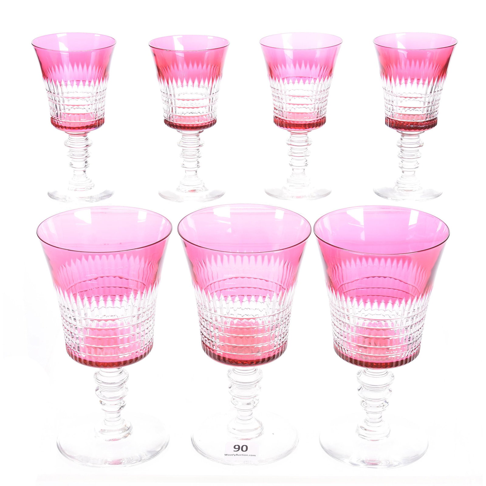 (7) Stems, ABCG, Cranberry Cut to Clear: (7) Stems, ABCG, Cranberry Cut to Clear, Pattern resembles Renaissance Pattern by Dorflinger, (3) 6" Goblets, (4) 4" Cordials, Mike & Mary Ann Callahan, OK. UPDATED 4-28-20: It is not Dorflinger, but 