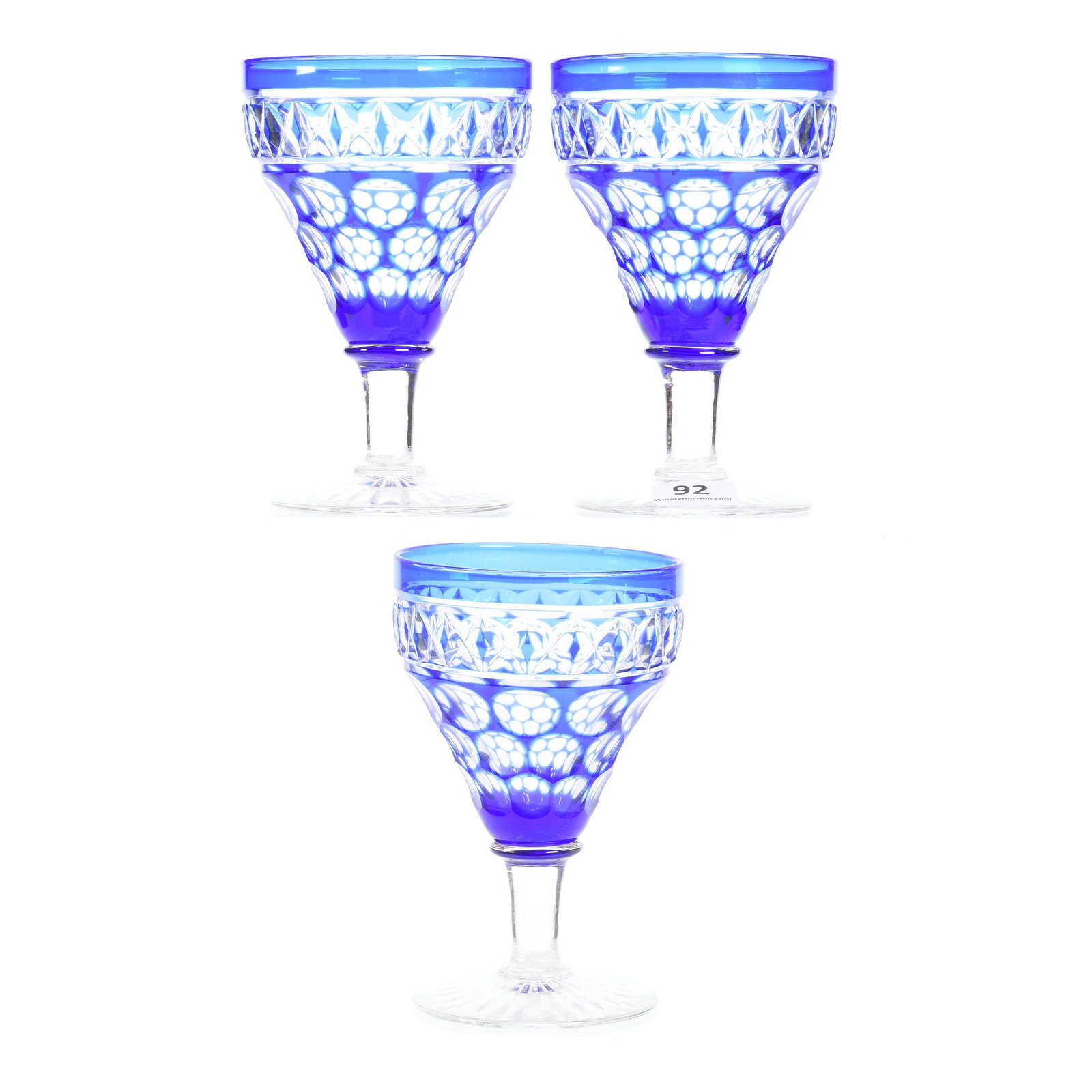 (3) Wine Stems, Brilliant Cut Glass, Cobalt to Clear: (3) Wine Stems, Brilliant Cut Glass, Cobalt to Clear, 4.5", Punty and Diamond Motif, Ray Cut Base, Mike & Mary Ann Callahan, OK