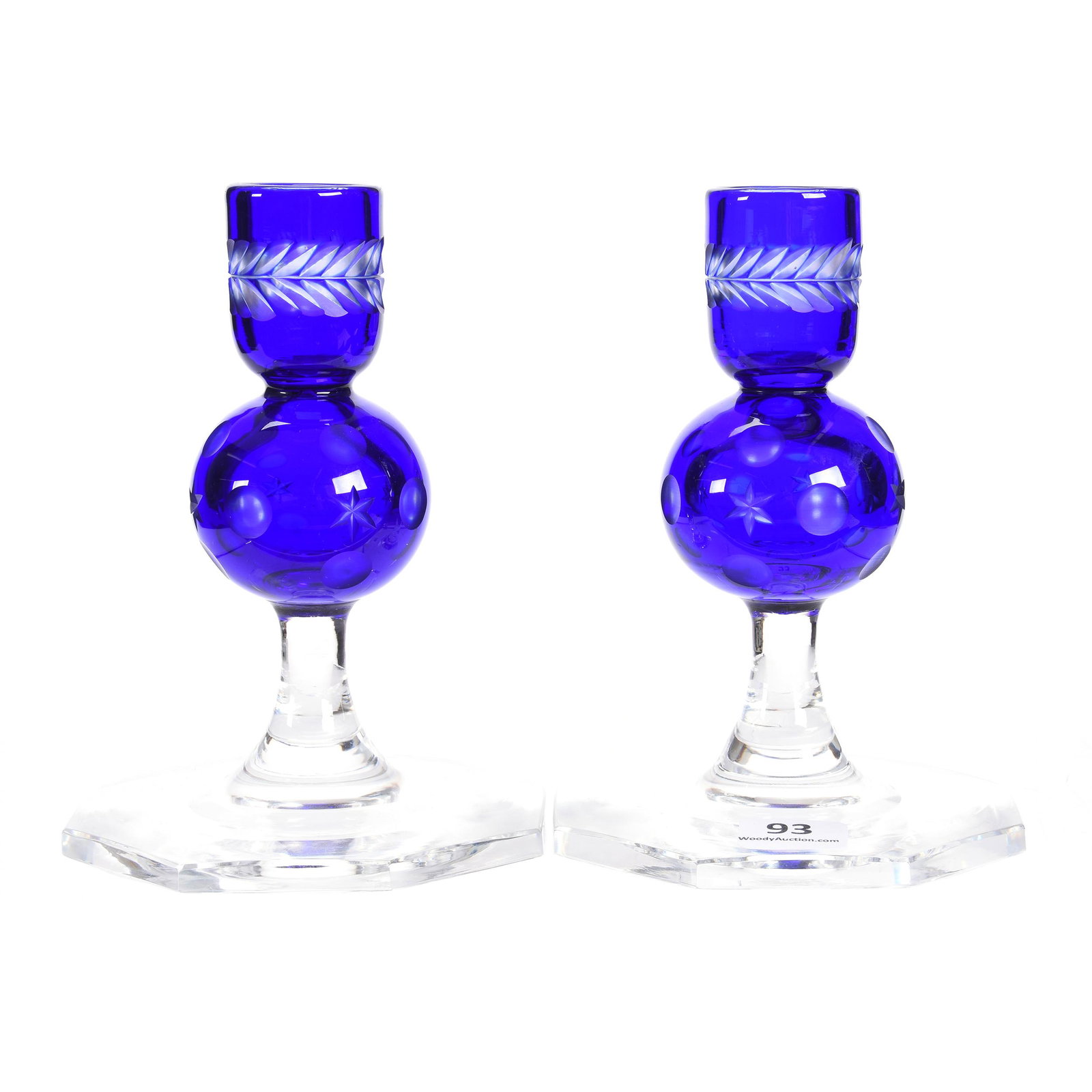 Pair Candlesticks, Steuben, Cobalt to Clear: Pair Candlesticks, Steuben, Cobalt to Clear, 5.5", Star, Punty and Wreath Design, Eight-Sided Foot, Attributed to Steuben, Mike & Mary Ann Callahan, OK