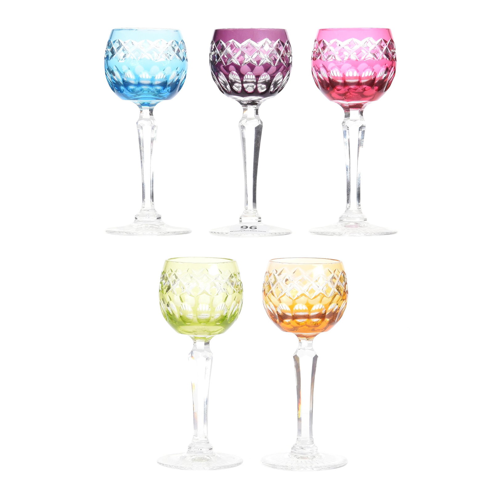(5) Cordials, Color Cut to Clear, Brilliant Period: (5) Cordials, Color Cut to Clear, Brilliant Period, 4.5", Diamond and Punte Motif, (1) Blue, (1) Cranberry, (1) Green, (1) Amethyst, (1) Amber, Attributed to Val St. Lambert, Mike & Mary Ann Callahan,
