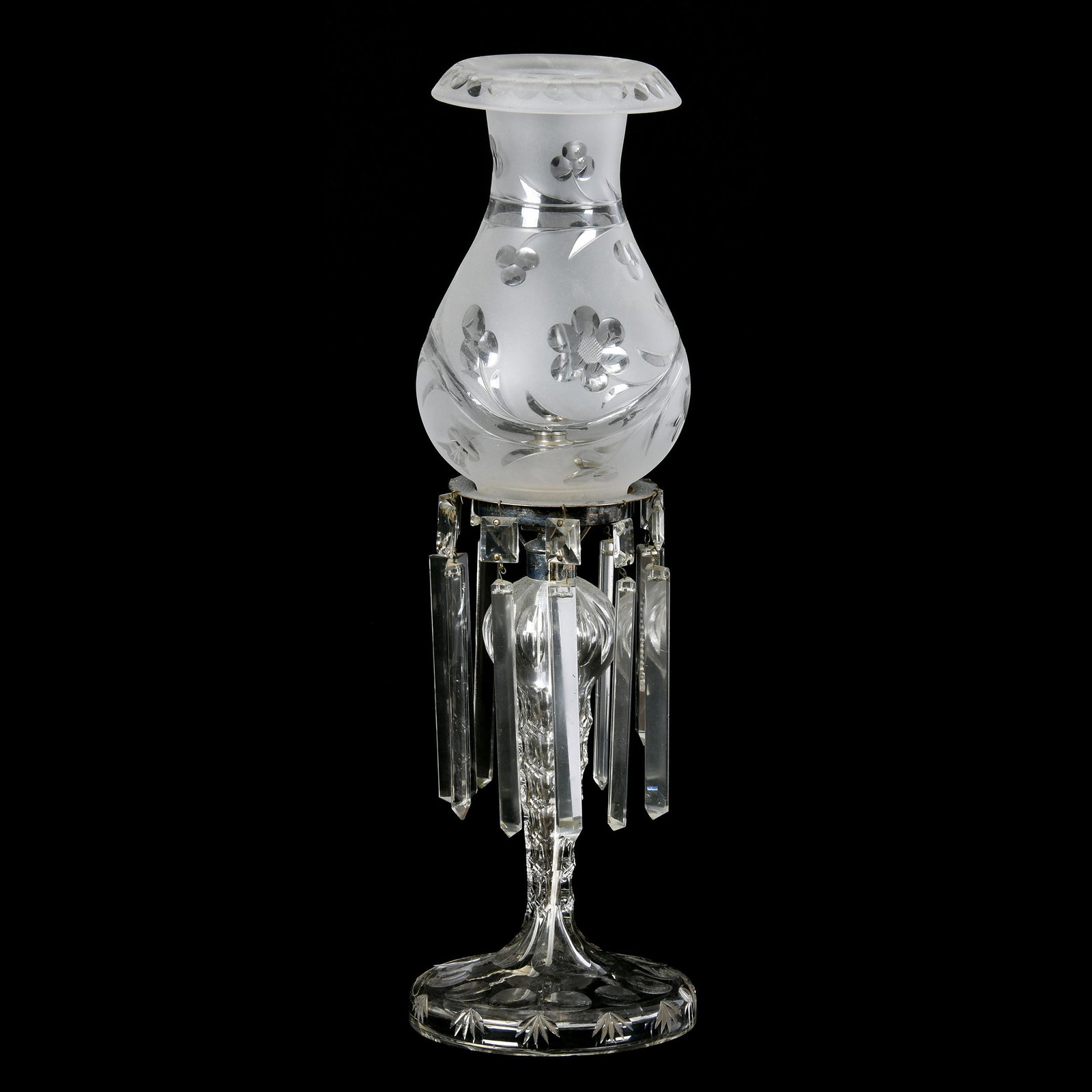 Candle Lustre, ABCG, Electrified: Candle Lustre, ABCG, Electrified, 18.5", Punty, Crosshatch and Fan Base, Frosted Engraved Shade with Floral Motif, Single Bulb, Flat Prisms, Mike & Mary Ann Callahan, OK