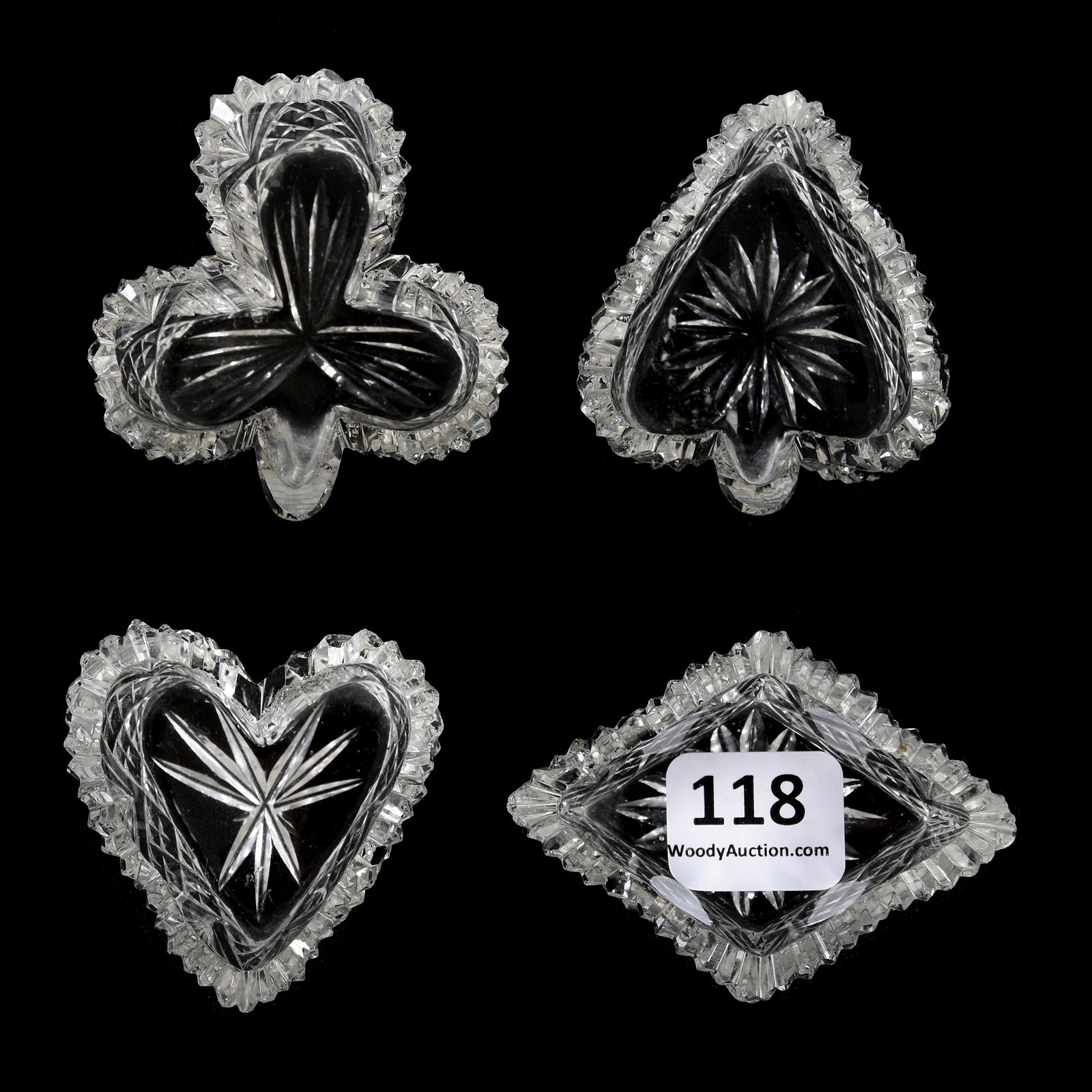 "Bridge" Salt Dip Set, Four Piece, ABCG: "Bridge" Salt Dip Set, Four Piece, ABCG, 2", Heart, Spade, Diamond and Club Shapes in Crosscut Diamond and Fan Motif, Mike & Mary Ann Callahan, OK