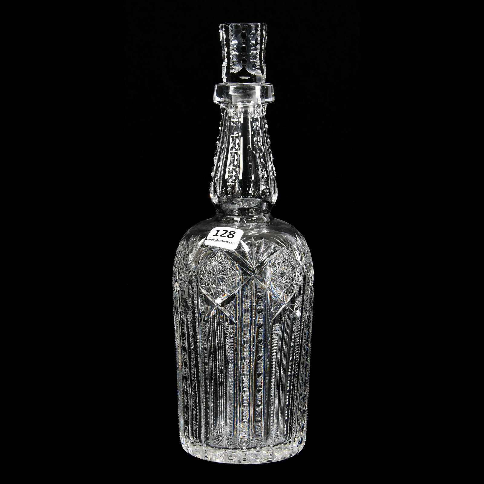 Whiskey Bottle, ABCG: Whiskey Bottle, ABCG, 11", Hobstar, Prism, Concave Pillar and Fan Motif, Ray Cut Base, Stopper Matches but Is Loose Fit, Mike & Mary Ann Callahan, OK